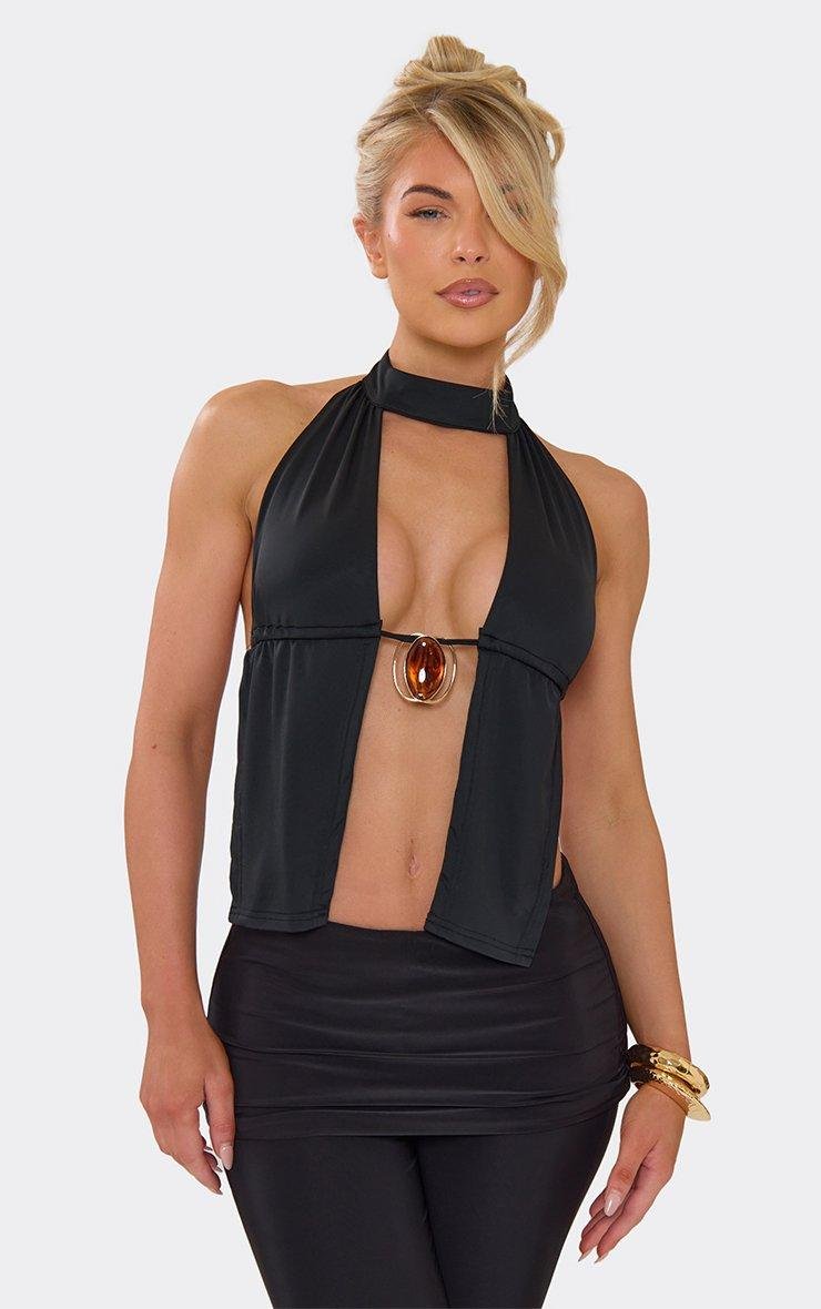 EGO Sleeveless Plunge Front Trim Detail Top In Black, Women's Size UK 6 - 2