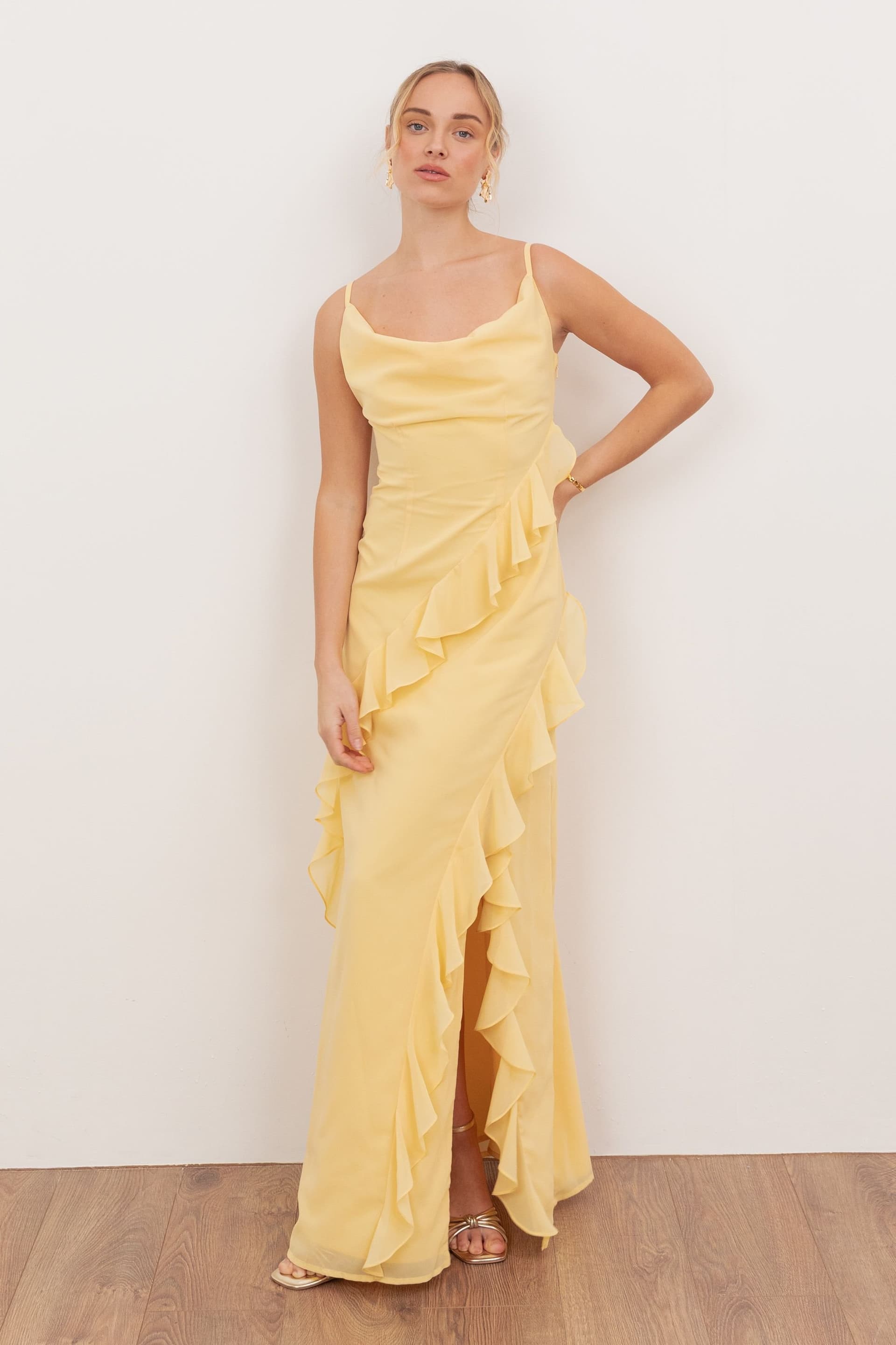 Anaya with Love Anaya with Love Women's Waterfall Ruffle Cowl Neck Cami Maxi Dress in Yellow