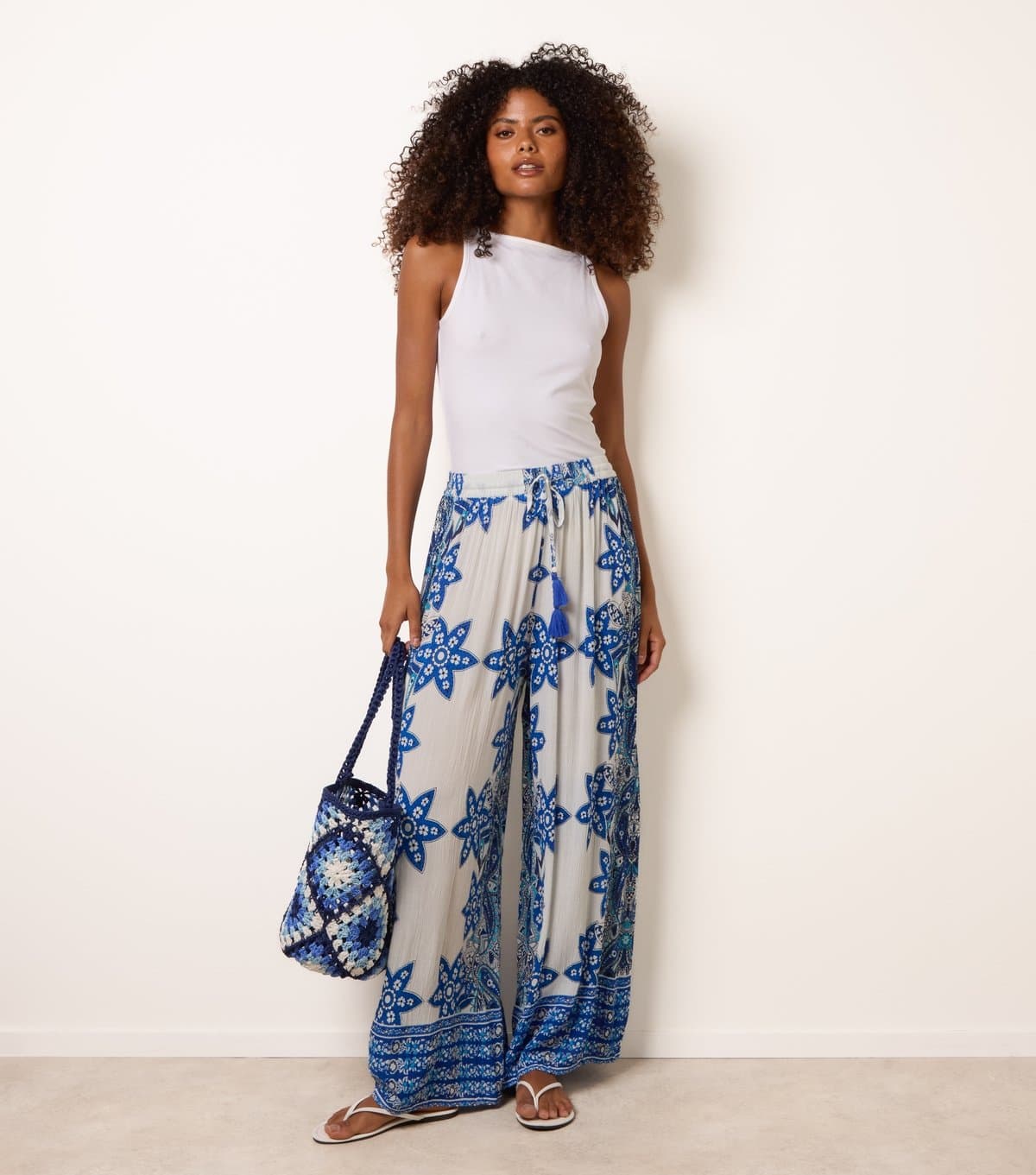 Blue Vanilla Women's Blue Wide Leg Printed Trousers Blue Vanilla New Look