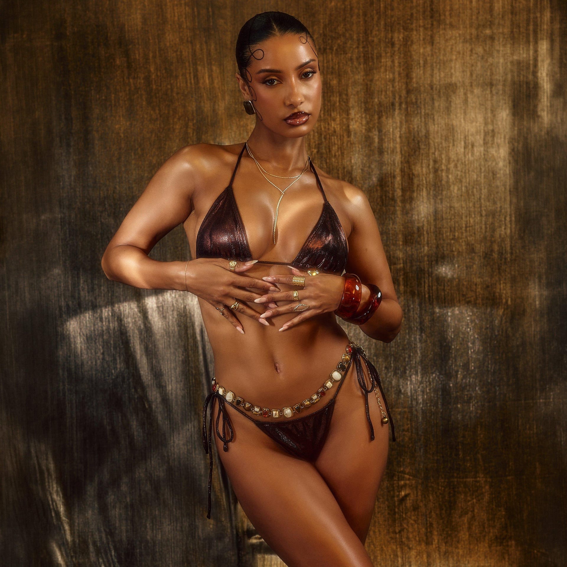EGO Bronze Metallic Triangle Tie Side Bikini Set