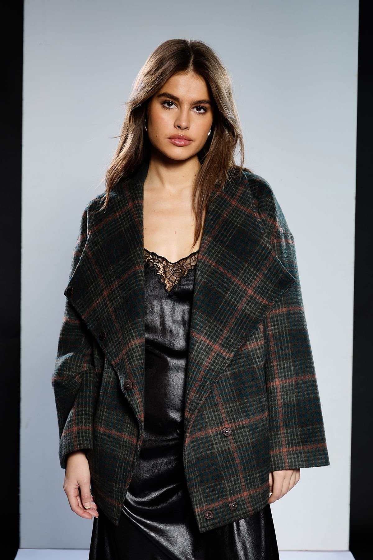 RUNWAY 1.8.1.8 RUNWAY 1.8.1.8 Navy Check Wrap Front Coat