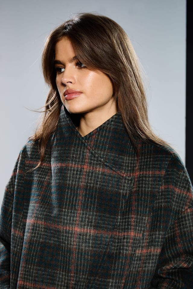 RUNWAY 1.8.1.8 RUNWAY 1.8.1.8 Women's Check Wrap Front Grown Collar Coat in Navy - 2