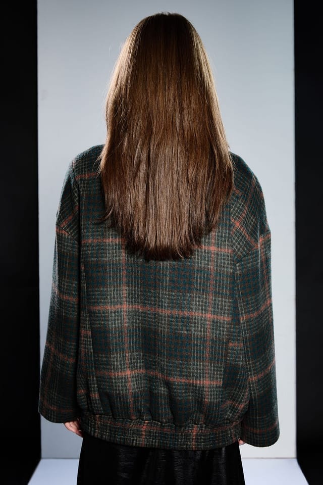 RUNWAY 1.8.1.8 RUNWAY 1.8.1.8 Women's Check Wrap Front Grown Collar Coat in Navy - 3