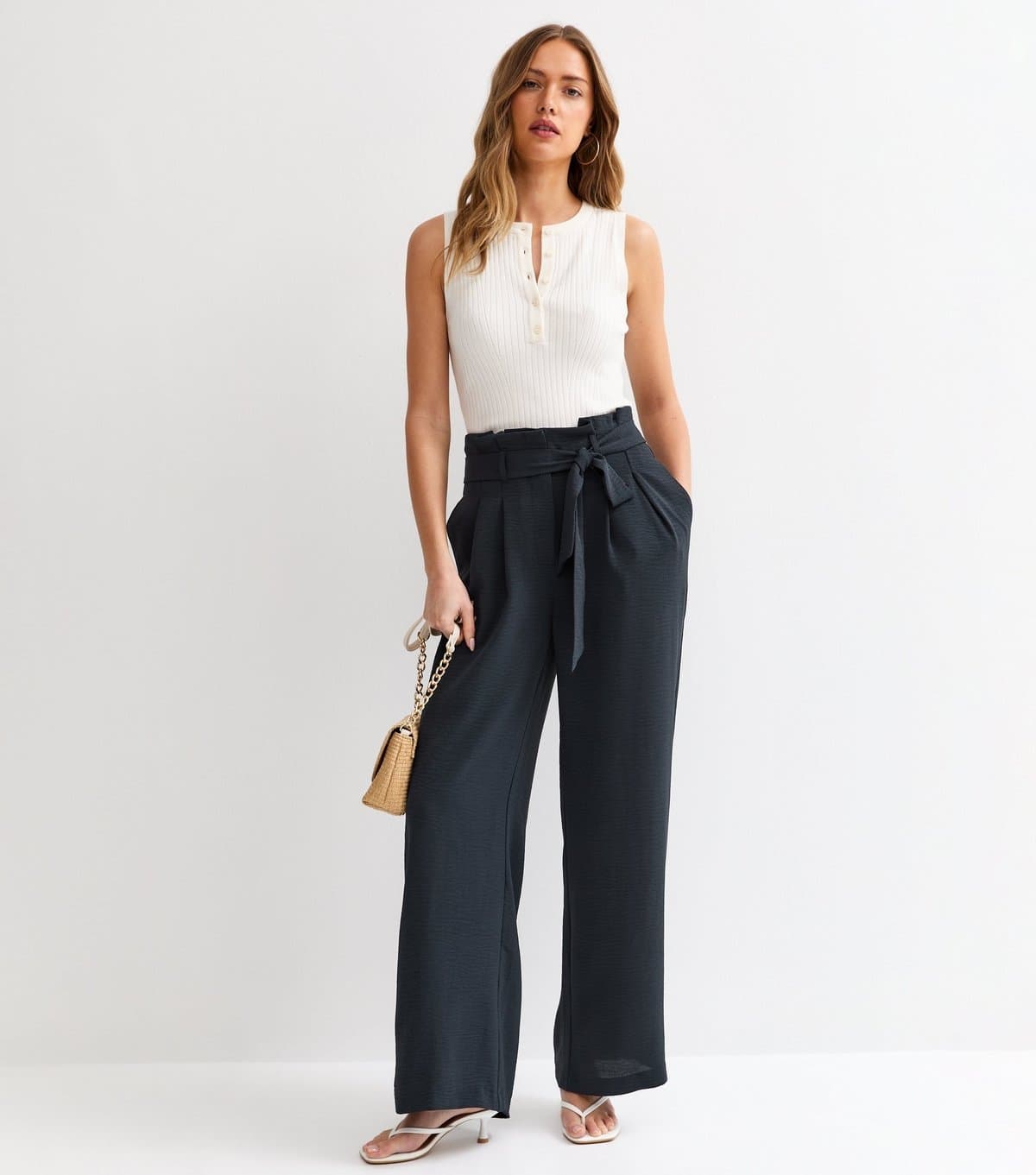 New Look Women's Navy Crinkle Texture Paperbag Waist Wide Leg Trousers New Look