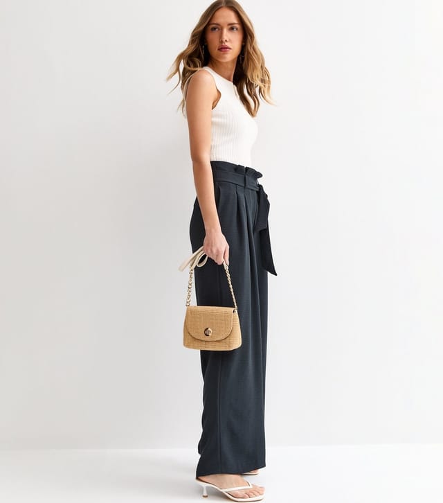 New Look Women's Navy Crinkle Texture Paperbag Waist Wide Leg Trousers New Look - 3