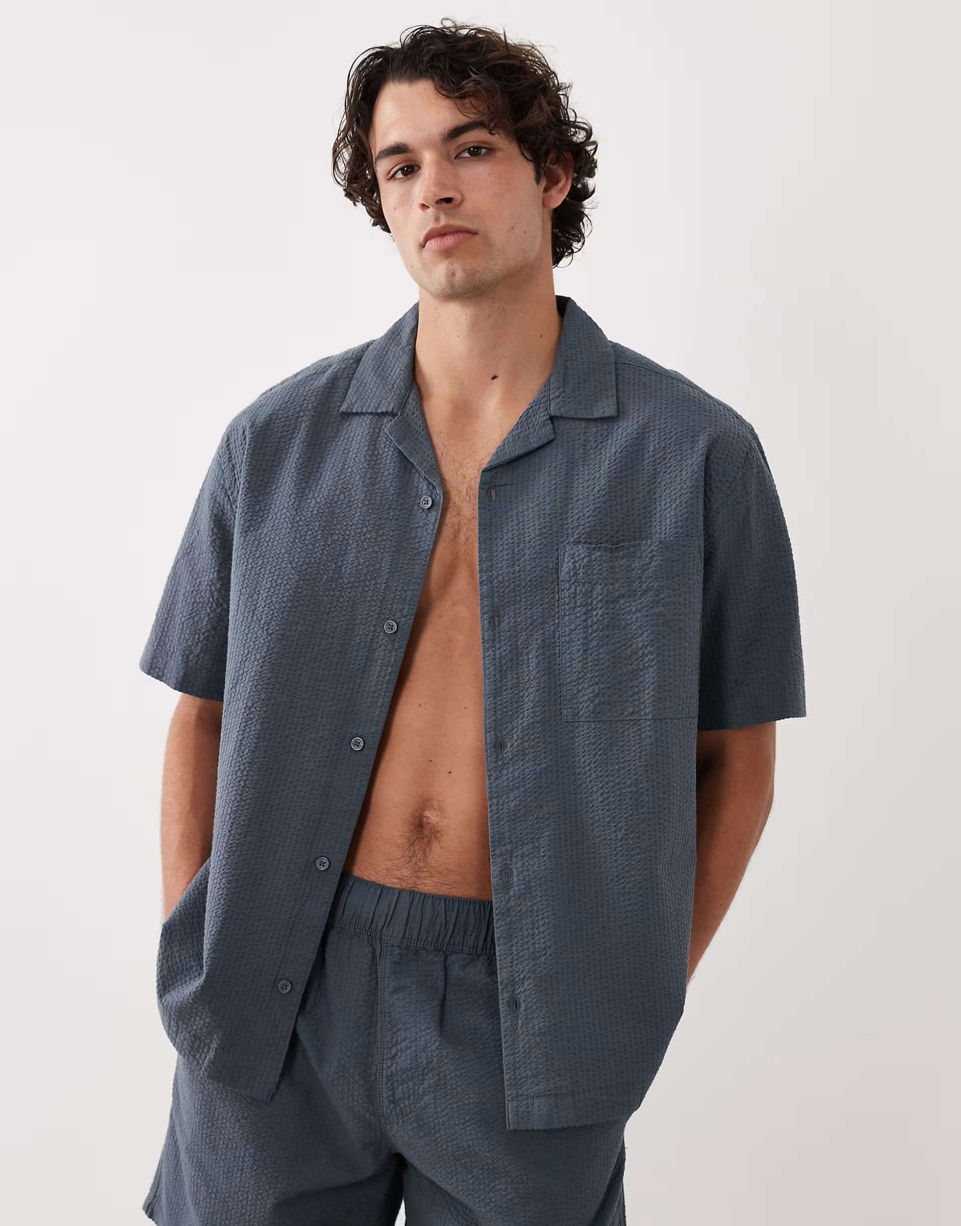 ASOS ASOS DESIGN co-ord relaxed revere seersucker shirt in navy