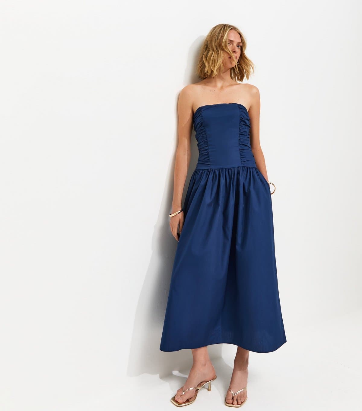 New Look Women's Navy Cotton Ruched Bandeau Midi Dress New Look