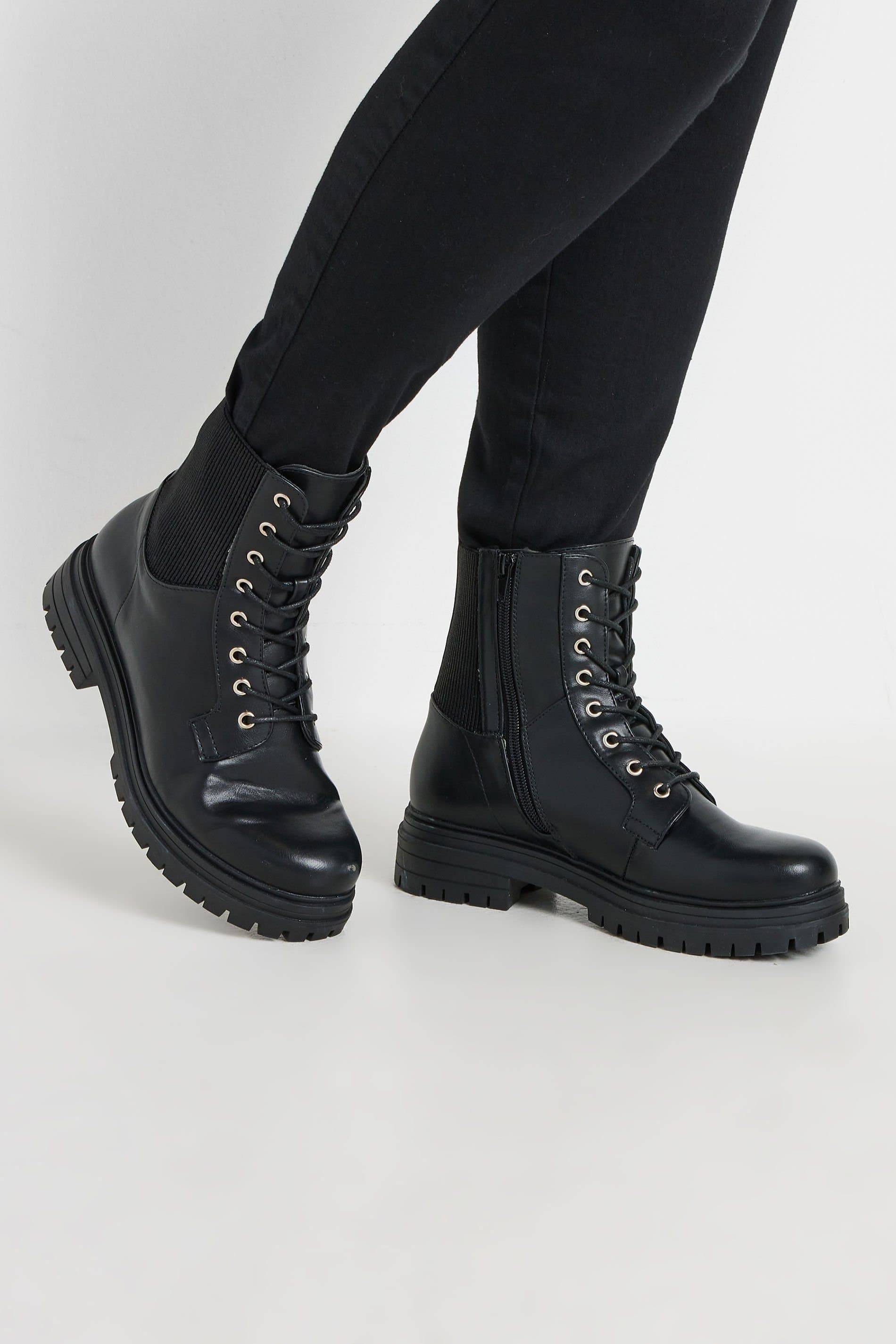 Yours Yours Women's Wide Fit & Extra Wide Fit Lace Up Chunky Boots in Black