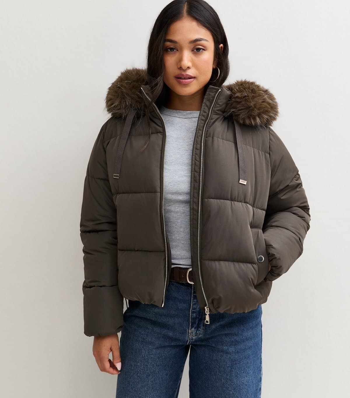 New Look Women's Petite Dark Khaki Faux Fur Trim Hooded Puffer Jacket New Look