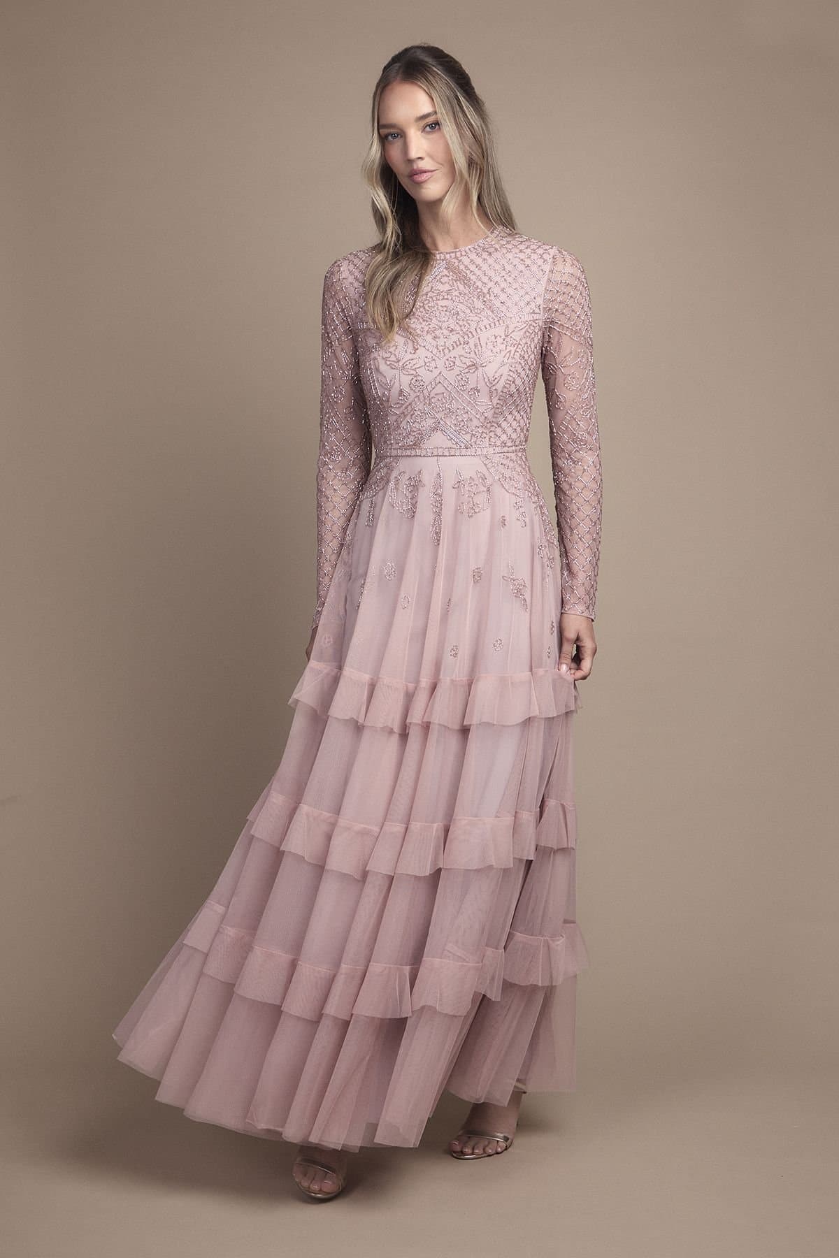 Coast Coast Women's Embellished Artwork Long Sleeve Tiered Bridesmaid Maxi Dress in Dusty Rose