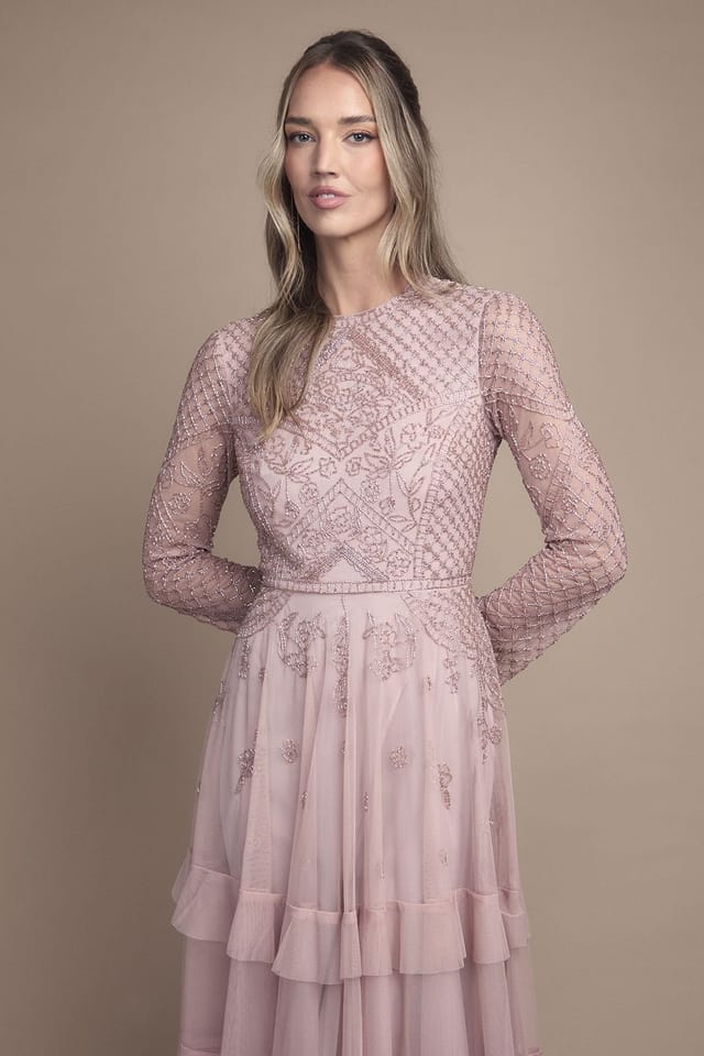 Coast Coast Women's Embellished Artwork Long Sleeve Tiered Bridesmaid Maxi Dress in Dusty Rose - 2