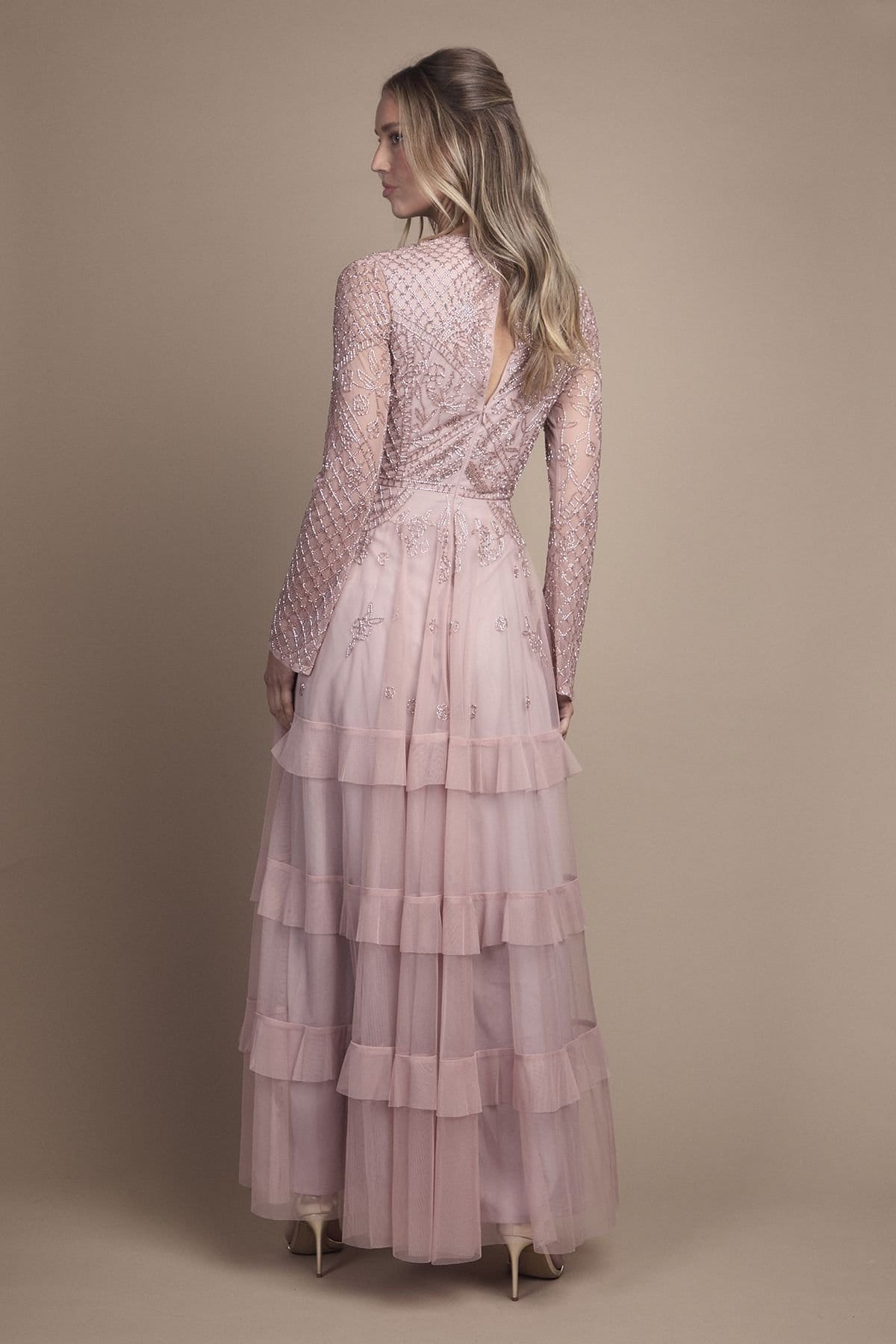 Coast Coast Women's Embellished Artwork Long Sleeve Tiered Bridesmaid Maxi Dress in Dusty Rose - 4
