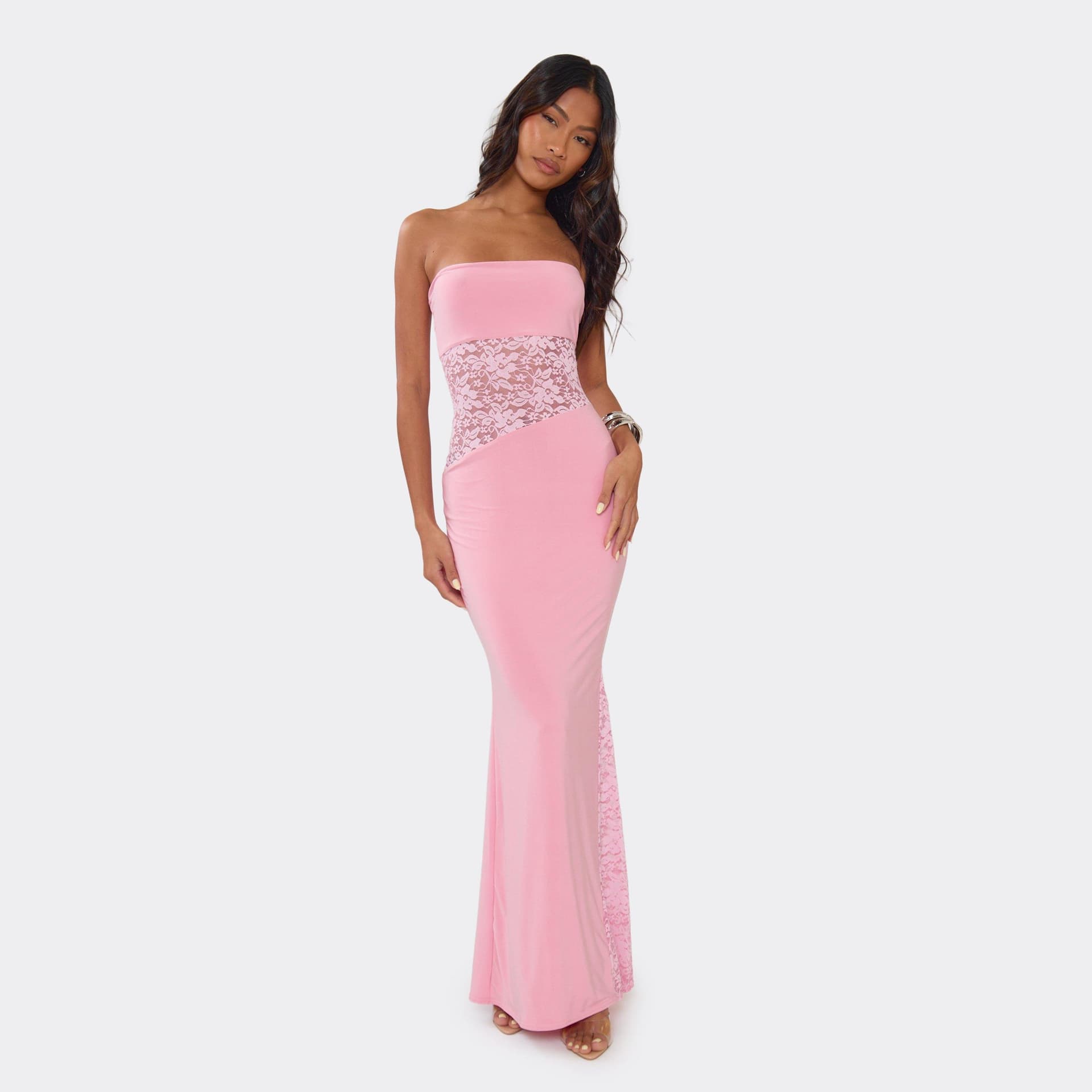 EGO Bandeau Contrast Lace Cut Out Detail Maxi Dress In Pink, Women's Size UK 6
