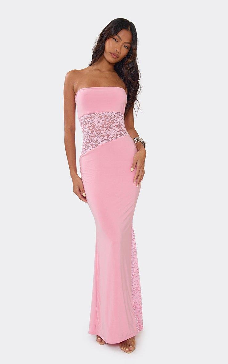 EGO Bandeau Contrast Lace Cut Out Detail Maxi Dress In Pink, Women's Size UK 6 - 2