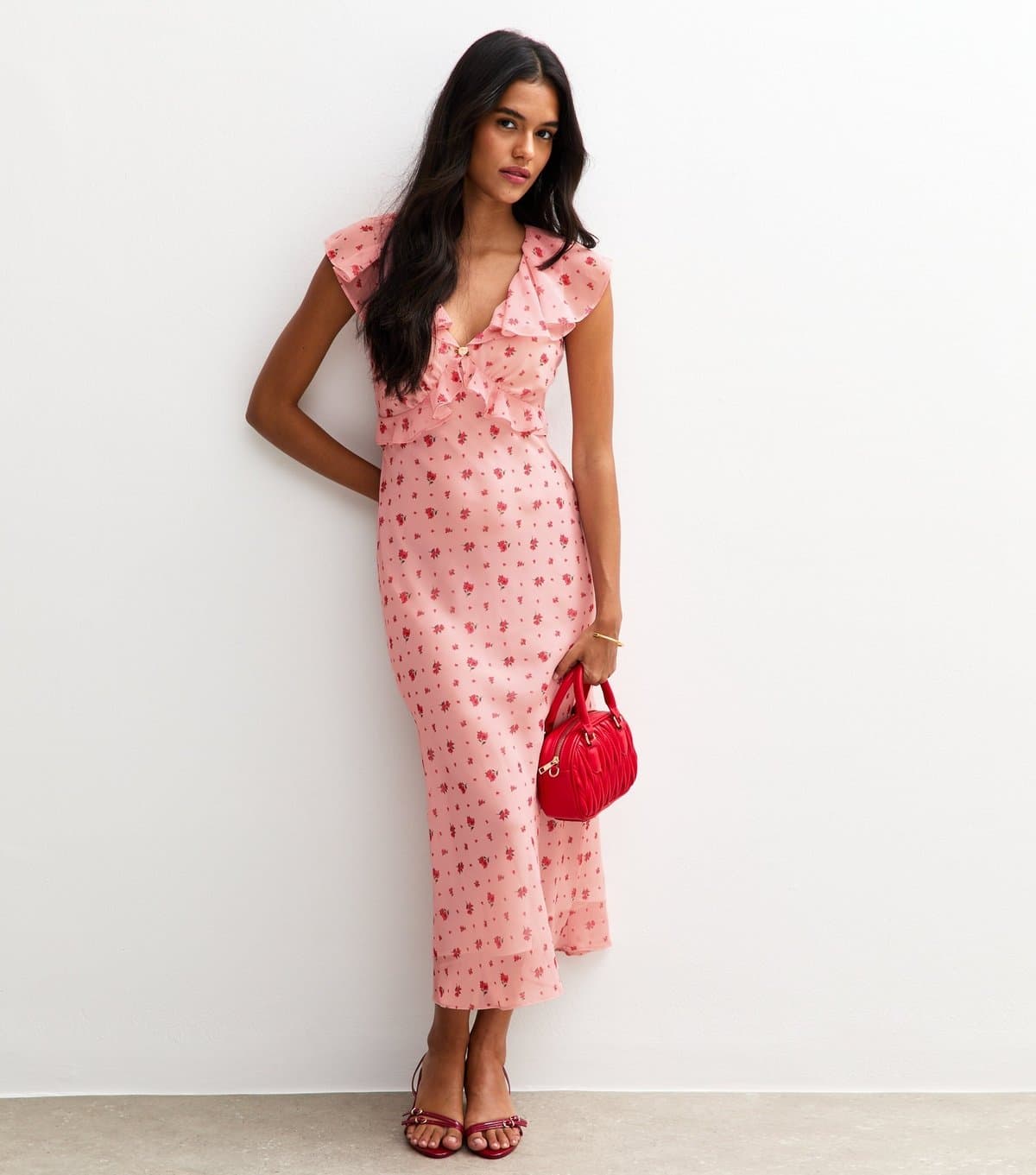 New Look Women's Pink Rose Print Ruffle Midi Dress New Look