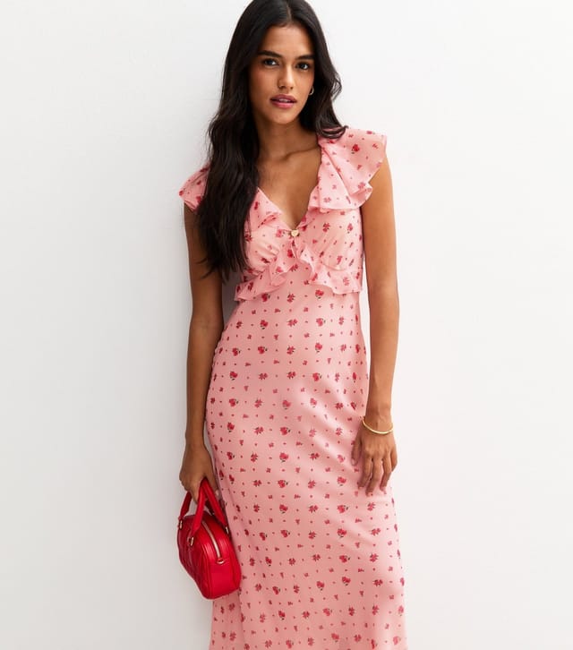 New Look Women's Pink Rose Print Ruffle Midi Dress New Look - 3