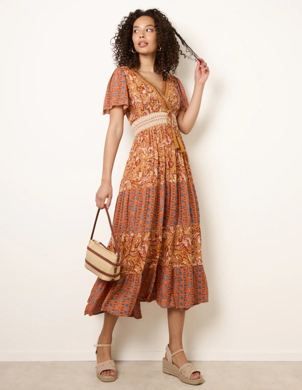 Blue Vanilla Mix Print Beaded Wrap Dress