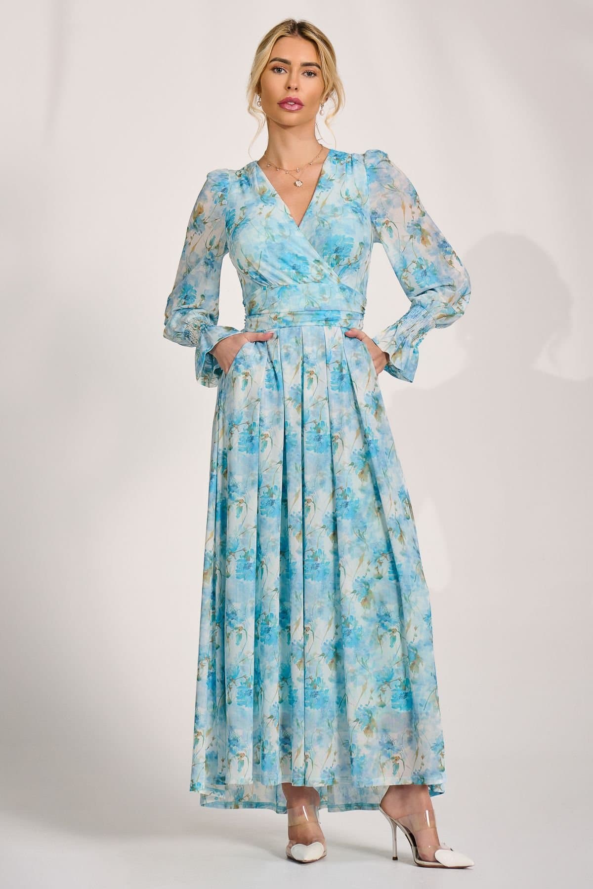 Jolie Moi Jolie Moi Women's Long Sleeve Dip Hem Mesh Maxi Dress in Bright Blue