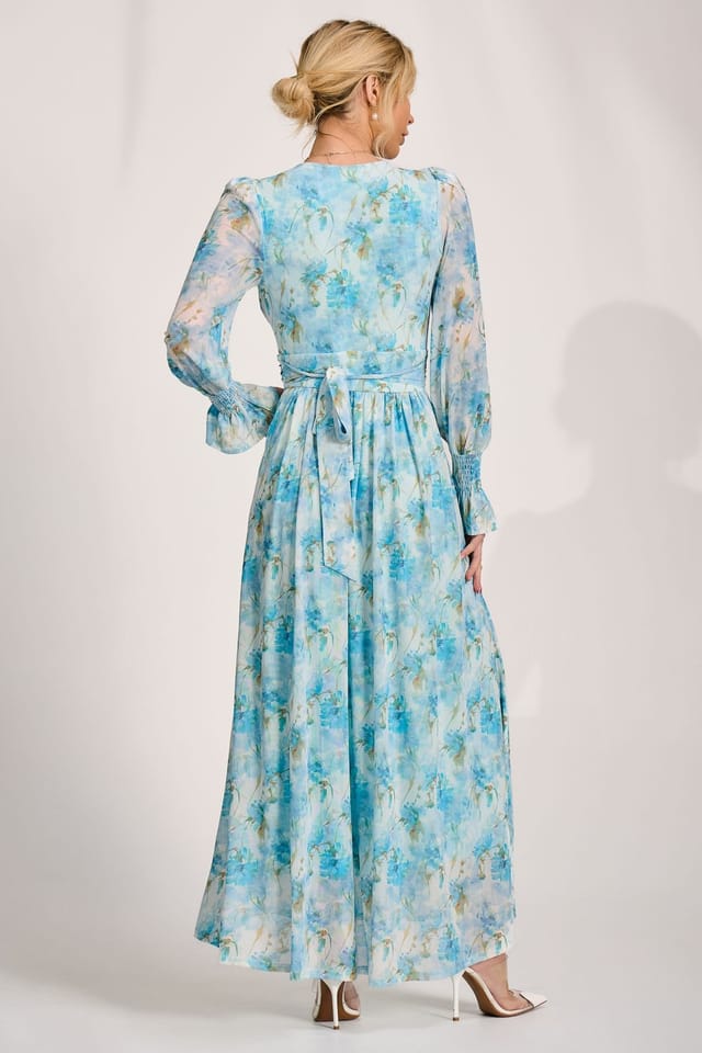 Jolie Moi Jolie Moi Women's Long Sleeve Dip Hem Mesh Maxi Dress in Bright Blue - 2