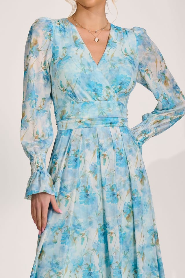 Jolie Moi Jolie Moi Women's Long Sleeve Dip Hem Mesh Maxi Dress in Bright Blue - 3