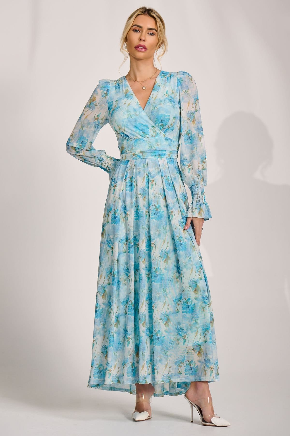 Jolie Moi Jolie Moi Women's Long Sleeve Dip Hem Mesh Maxi Dress in Bright Blue - 4