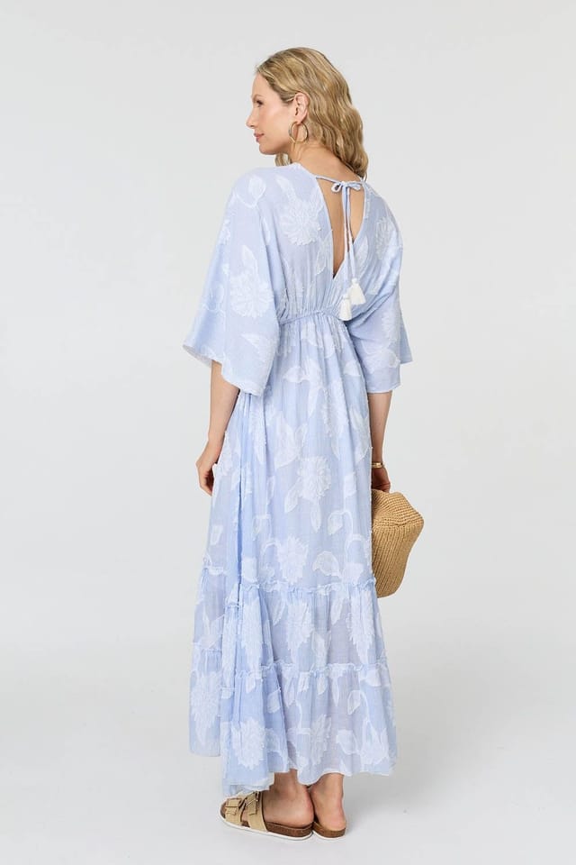 Izabel London Izabel London Women's Floral Textured 3/4 Sleeve Maxi Dress in Blue - 3
