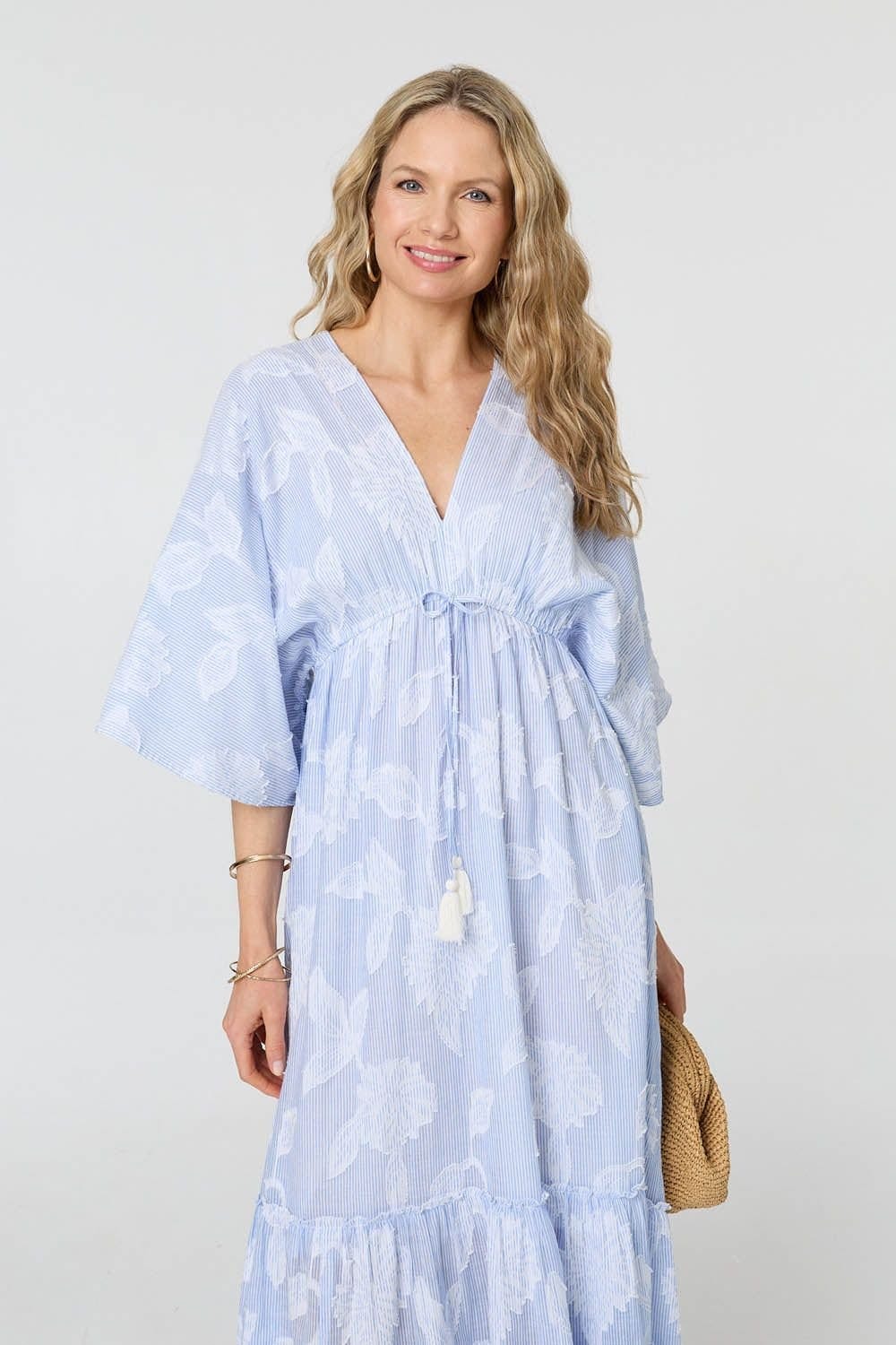 Izabel London Izabel London Women's Floral Textured 3/4 Sleeve Maxi Dress in Blue - 4