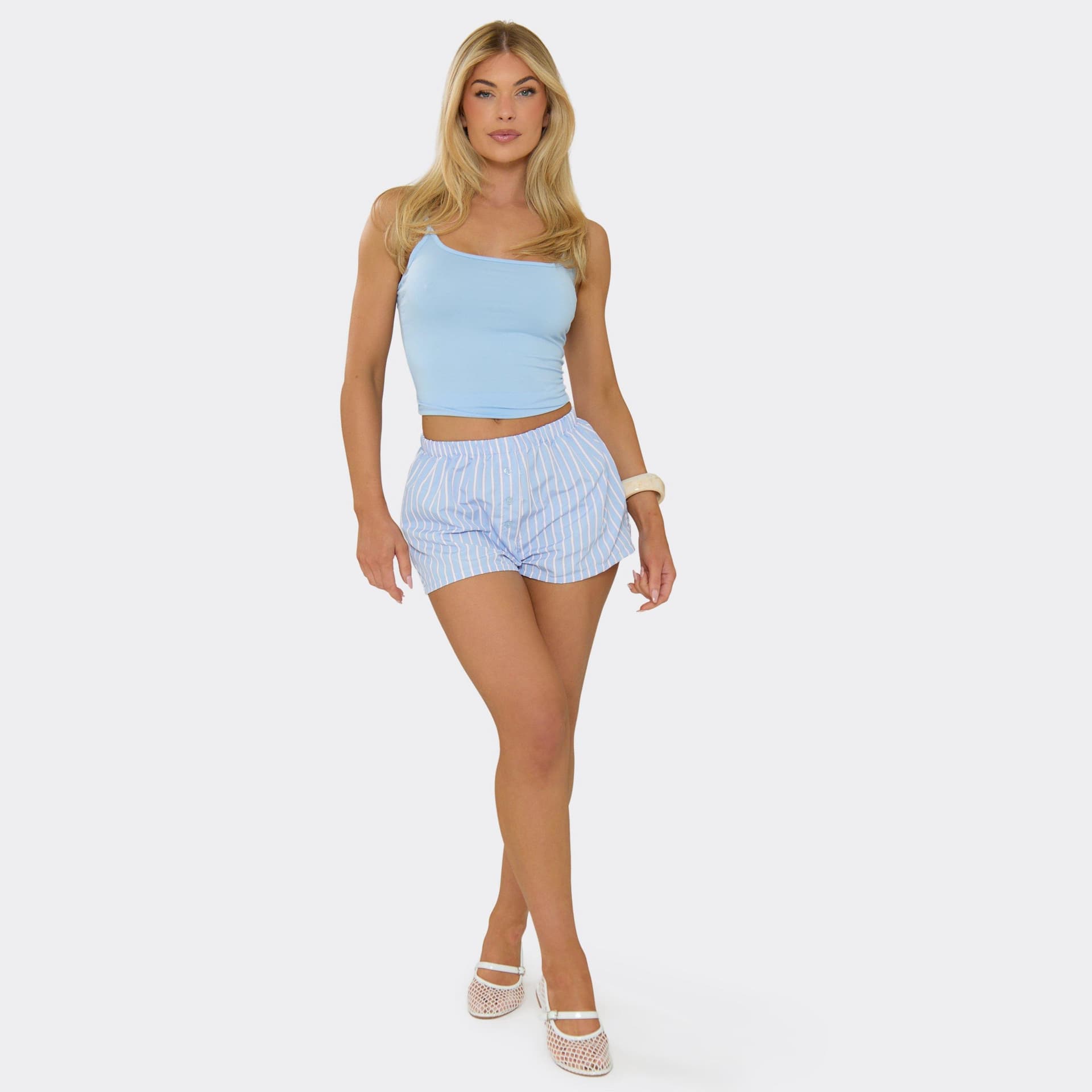 EGO Mid Rise Button Front Shorts In Blue Stripe, Women's Size UK 6