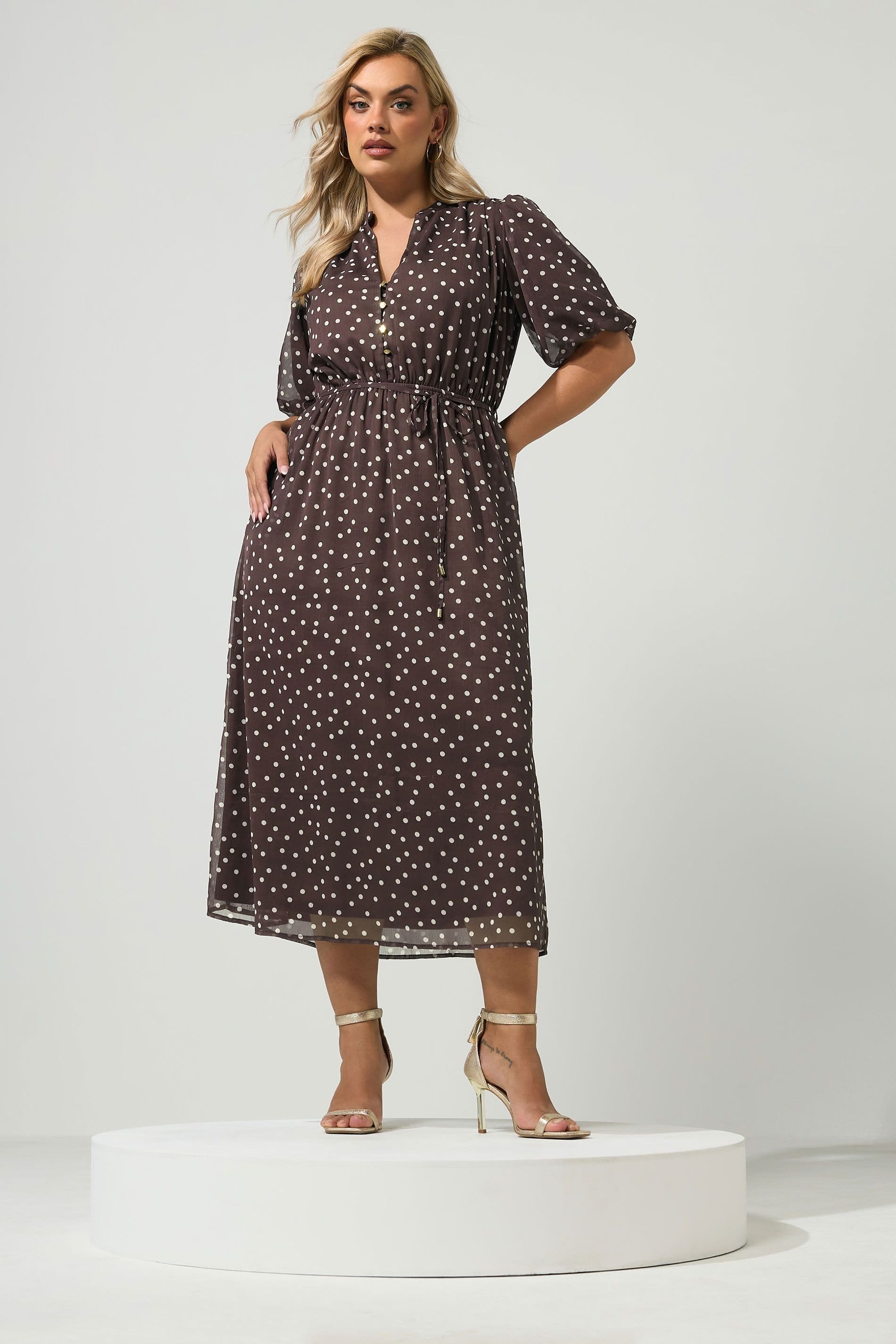 Yours Chocolate Polka Dot Puff Sleeve Dress