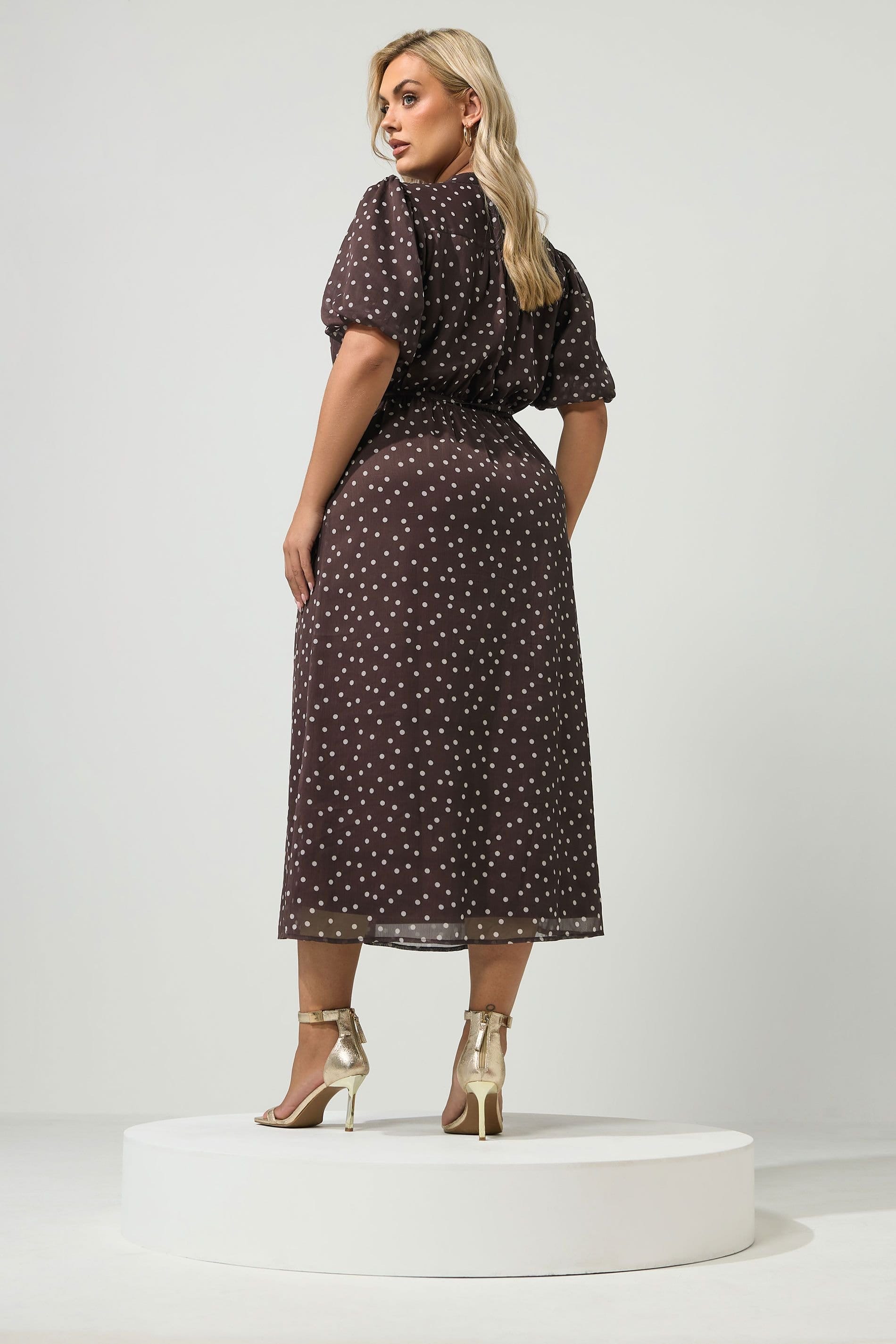 Yours Yours Women's Polka Dot Puff Sleeve Dress in Chocolate - 4