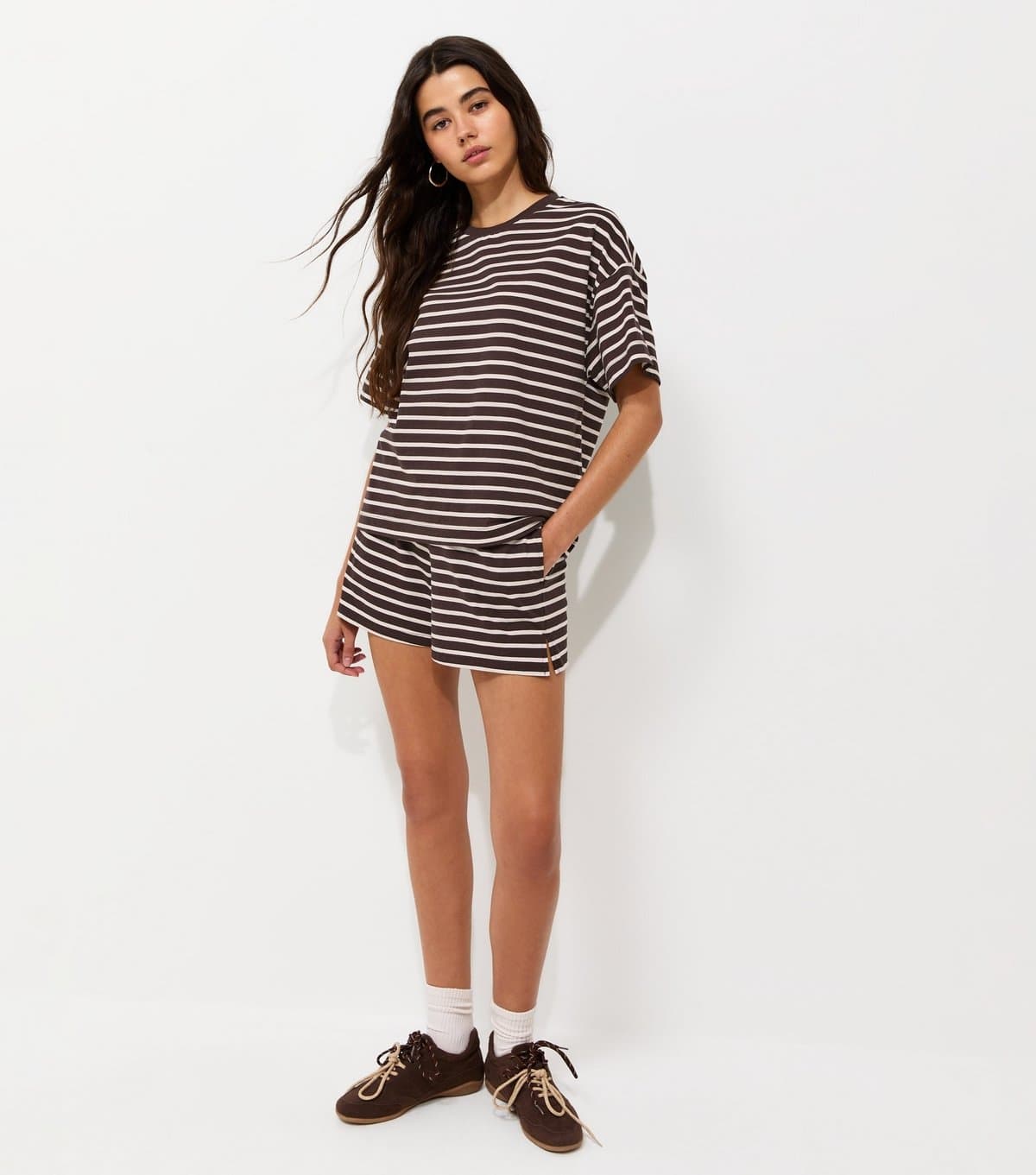 New Look Women's Brown Cotton Striped Side Split Shorts New Look