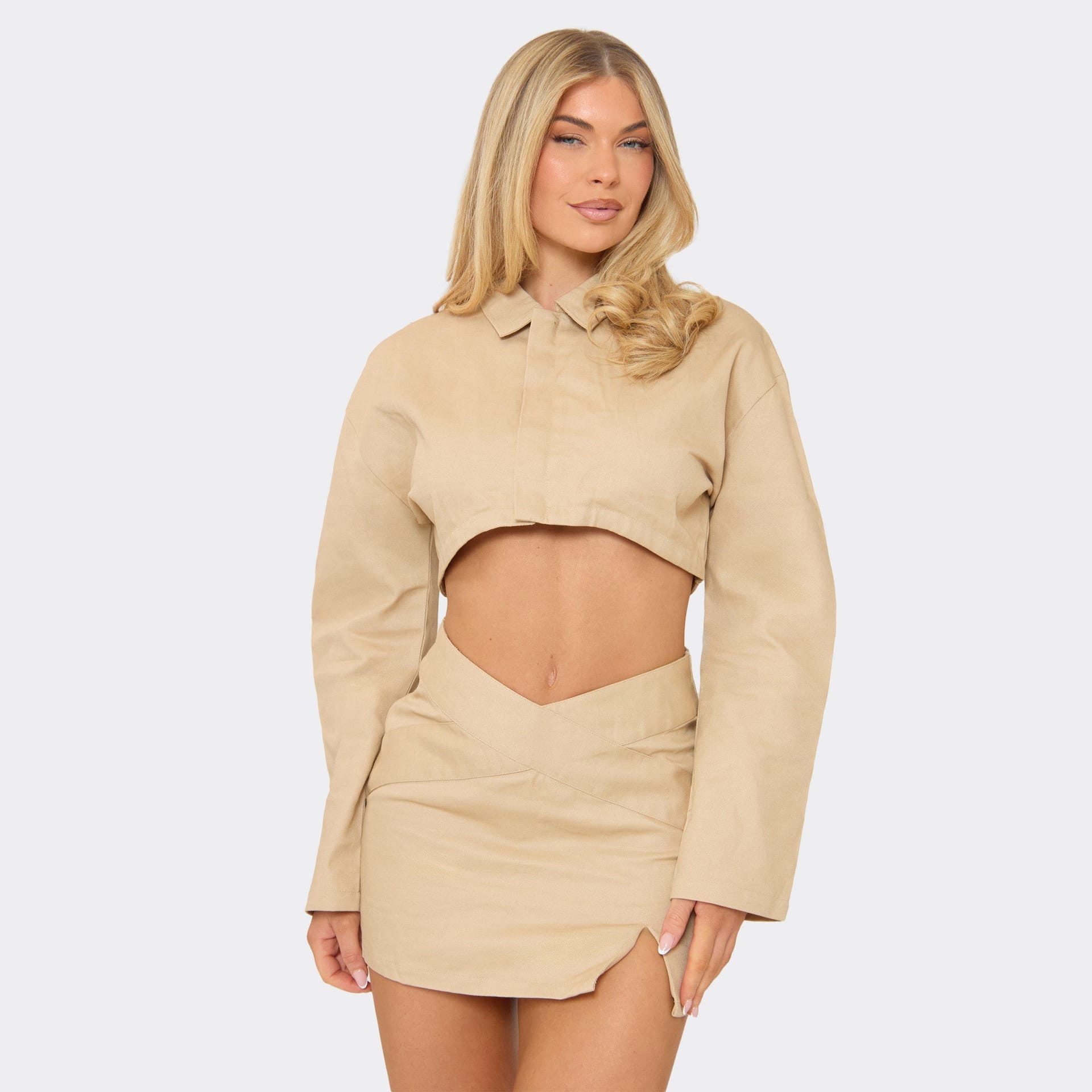 EGO Beige Collared Zip Through Cropped Jacket