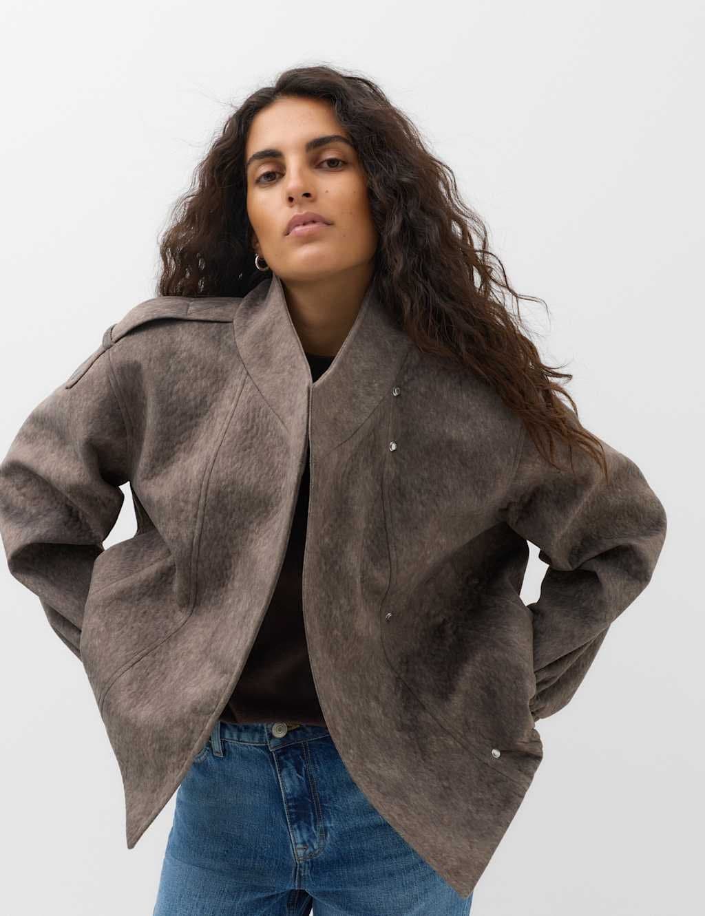 Marks & Spencer M&S Textured Funnel Neck Bomber Jacket Grey