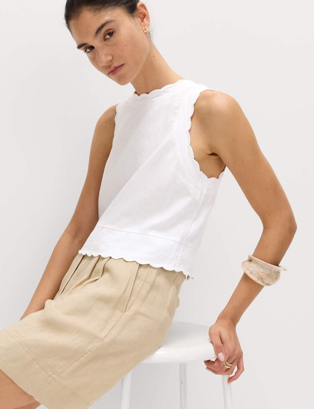 Marks & Spencer M&S Linen Rich Scallop Vest Top White