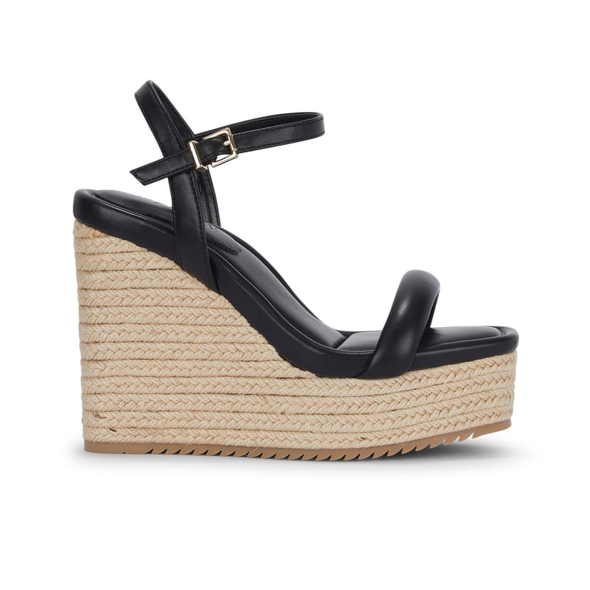 MALOW LONDON MALOW LONDON Women's Jenna Wedge Sandals Buckle Strap PU Open Toe Wedge Heel Shoes in Black - 1