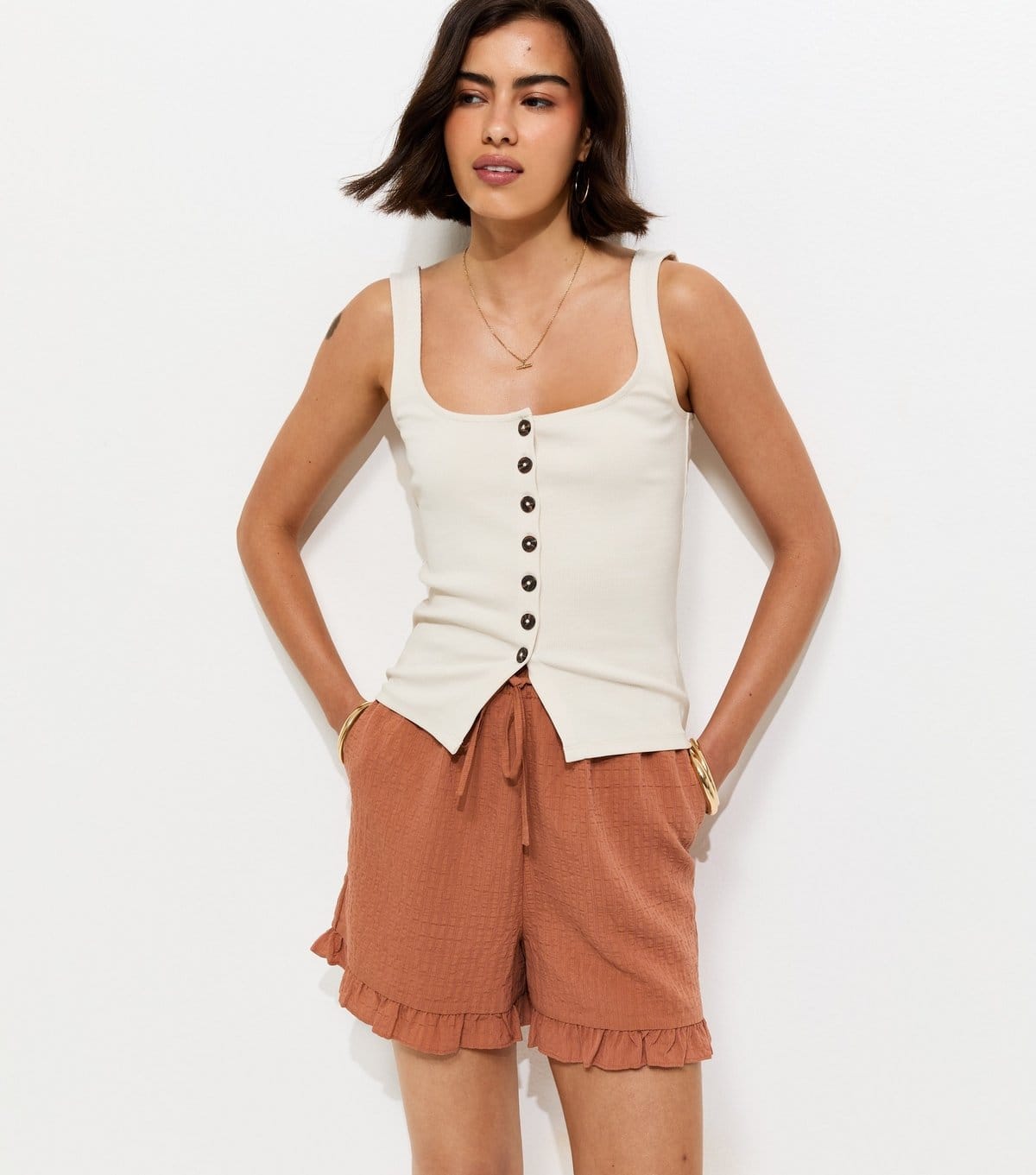 New Look Burnt Orange Seersucker Ruffle Shorts