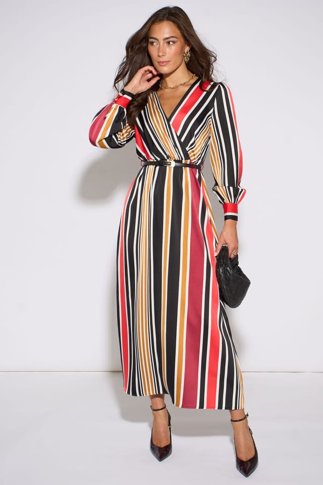 Gini London Gini London Women's Multi Stripe Satin Wrap Midaxi Dress - 2