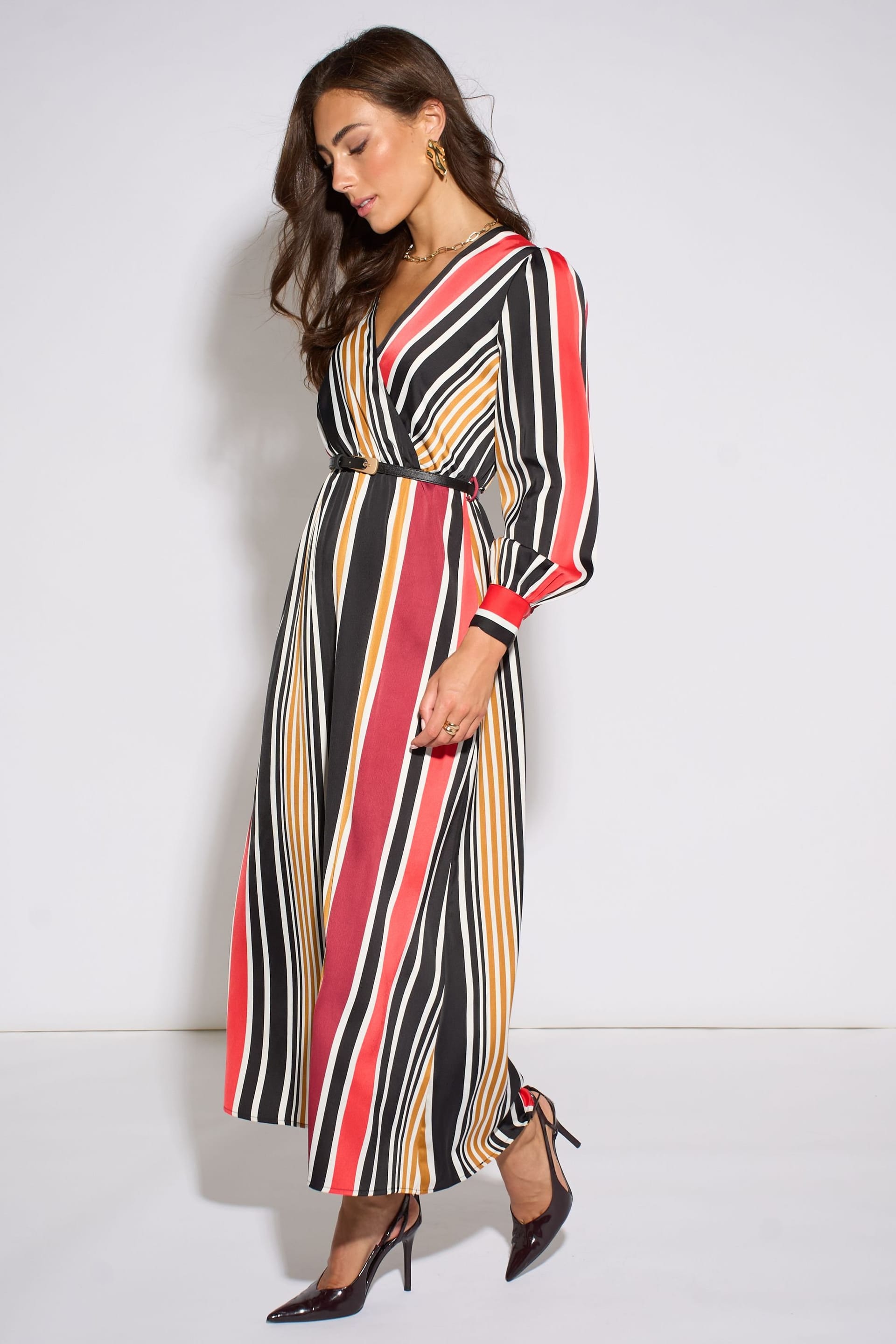Gini London Gini London Women's Multi Stripe Satin Wrap Midaxi Dress - 4