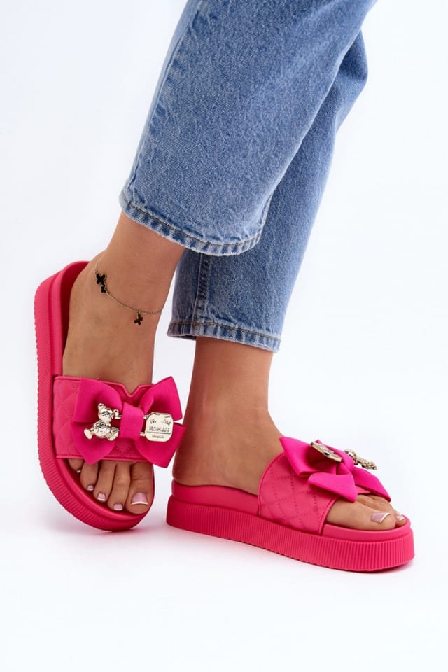 Love Lace Love Lace Women's Fabric Bow Platform Slippers with Bear Clasp Detail Imitation in Pink - 3