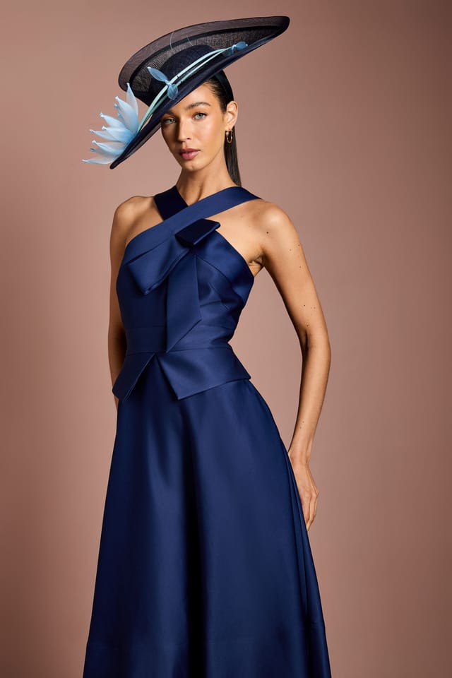 Coast Coast Women's Lisa Tan Cross Neck Structured Satin Bow Detail Midi Dress in Navy - 2