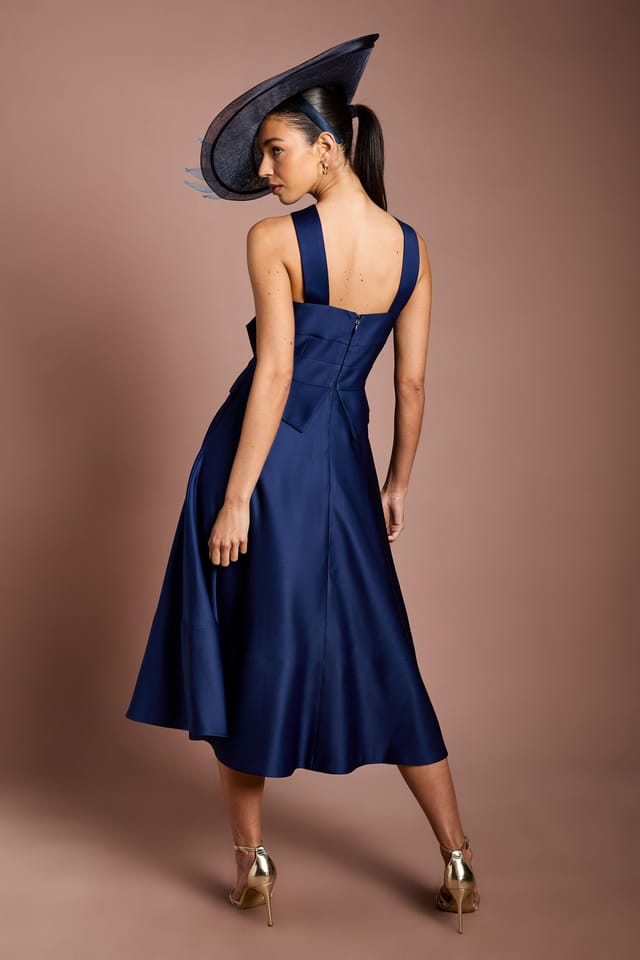 Coast Coast Women's Lisa Tan Cross Neck Structured Satin Bow Detail Midi Dress in Navy - 3