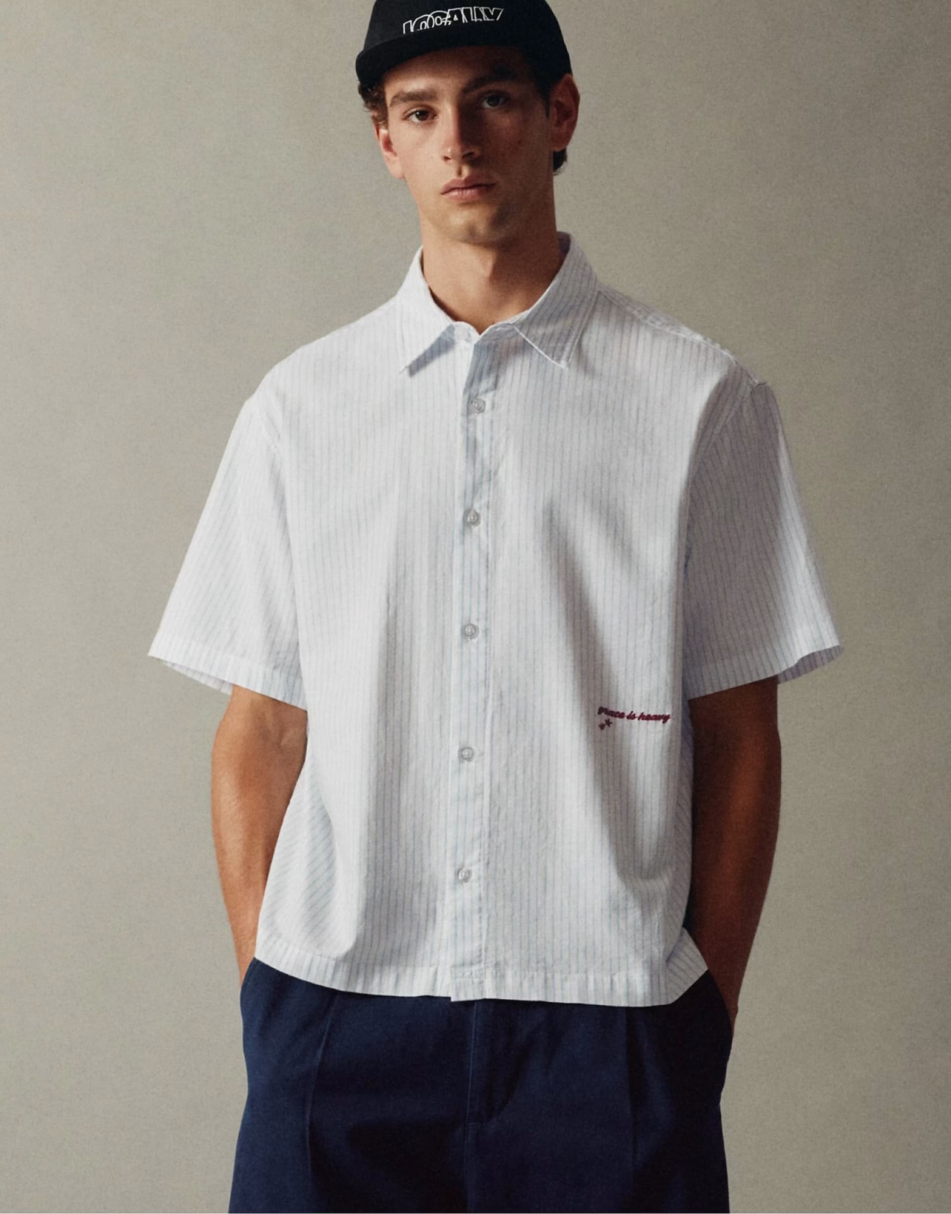 ASOS Pull&Bear Striped short sleeve shirt in pale ecru