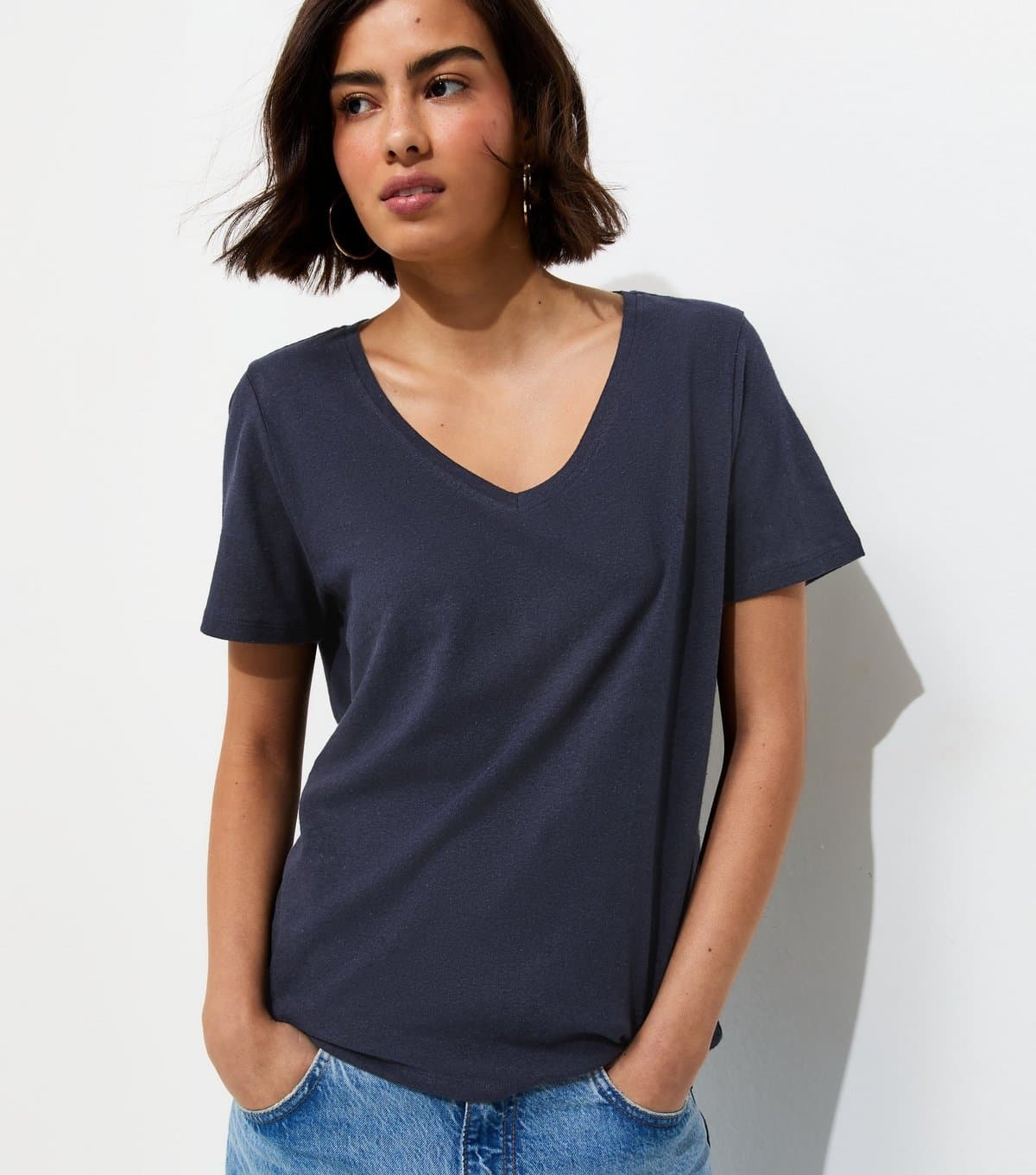 New Look Women's Premium Navy Linen Rich V Neck T-Shirt New Look