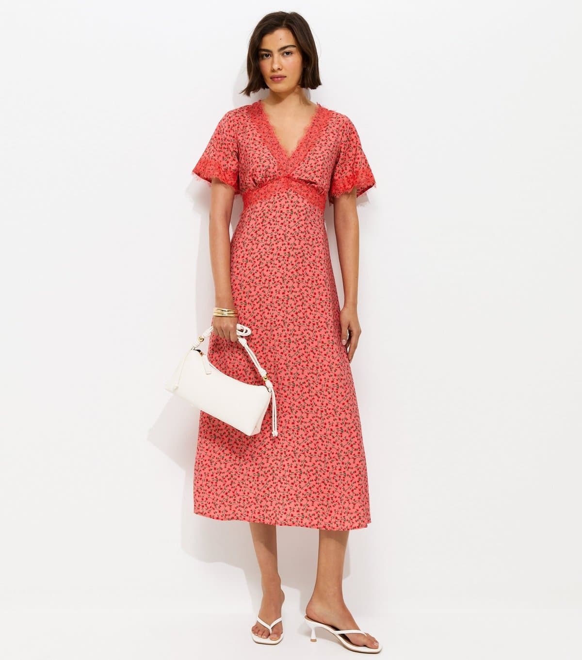 New Look Women's Red Floral Ditsy Lace Tea Midi Dress New Look