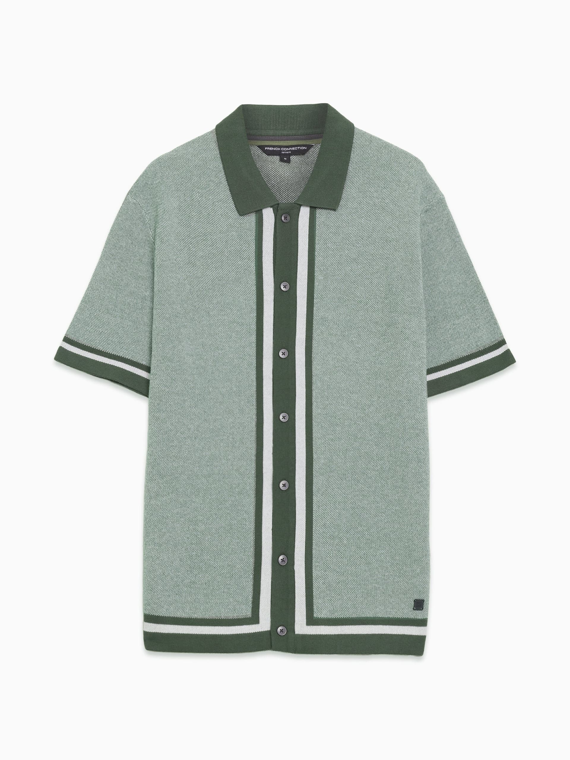 French Connection Short Sleeve Button-Through Polo Shirt Beetle Green/White