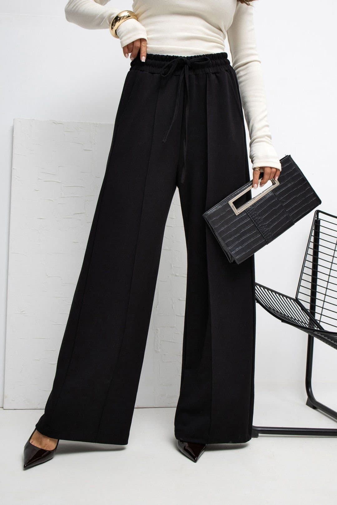 Love Lace Love Lace Women's Soft Palazzo Sweatpants with Tied Waist in Black