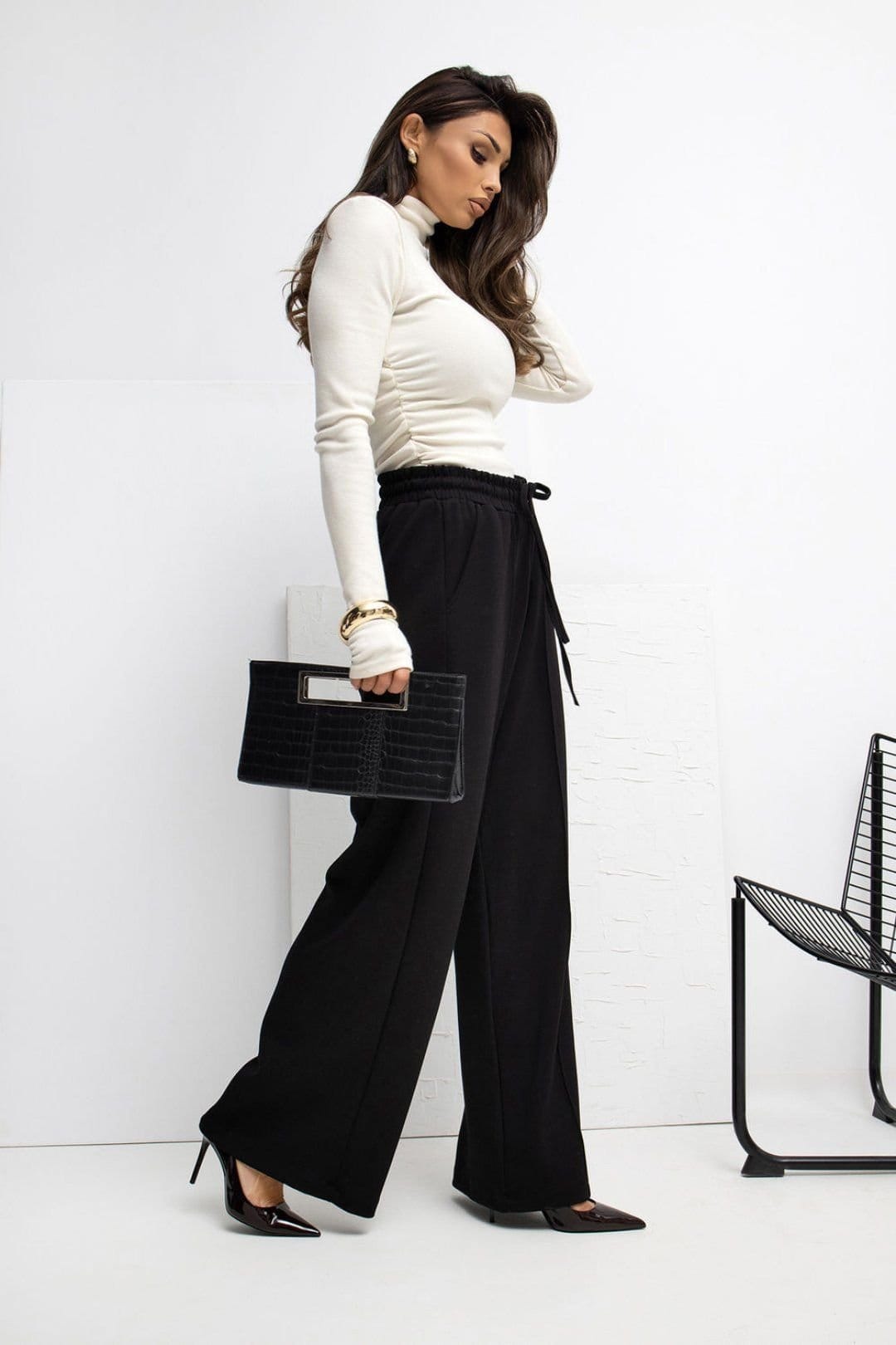 Love Lace Love Lace Women's Soft Palazzo Sweatpants with Tied Waist in Black - 4