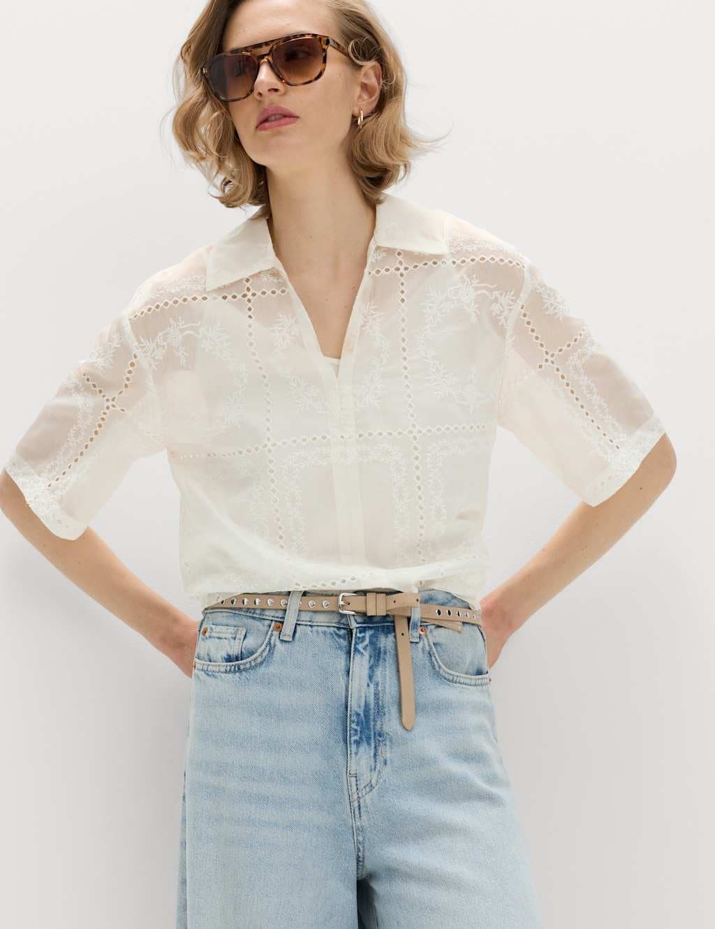 Marks & Spencer M&S Lyocell Rich Embroidered Collared Top Soft White