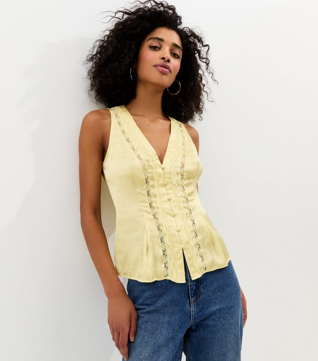New Look Women's Yellow Satin Lace Trim Top New Look - 2