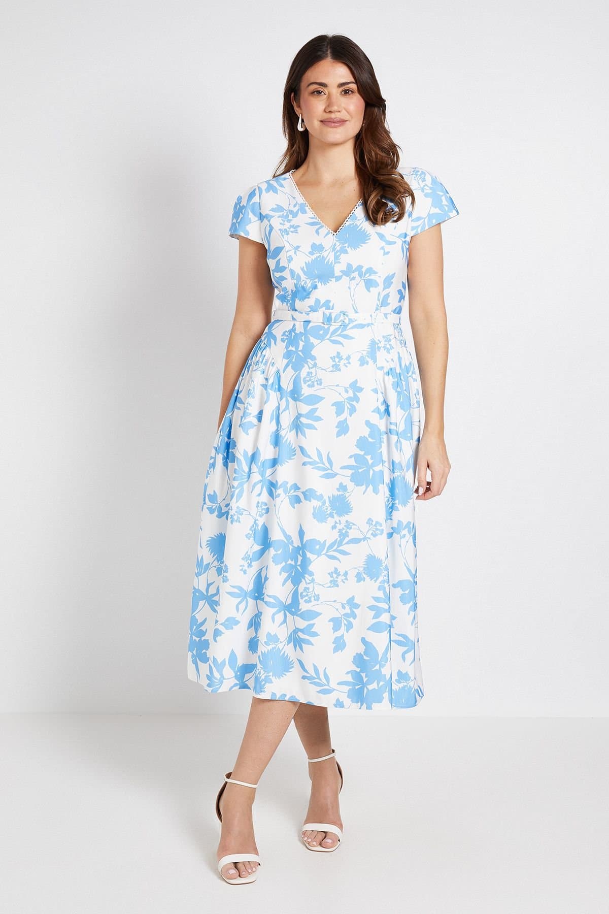 Wallis Wallis Women's Floral Ottoman Twill Belted Midi Dress in Blue